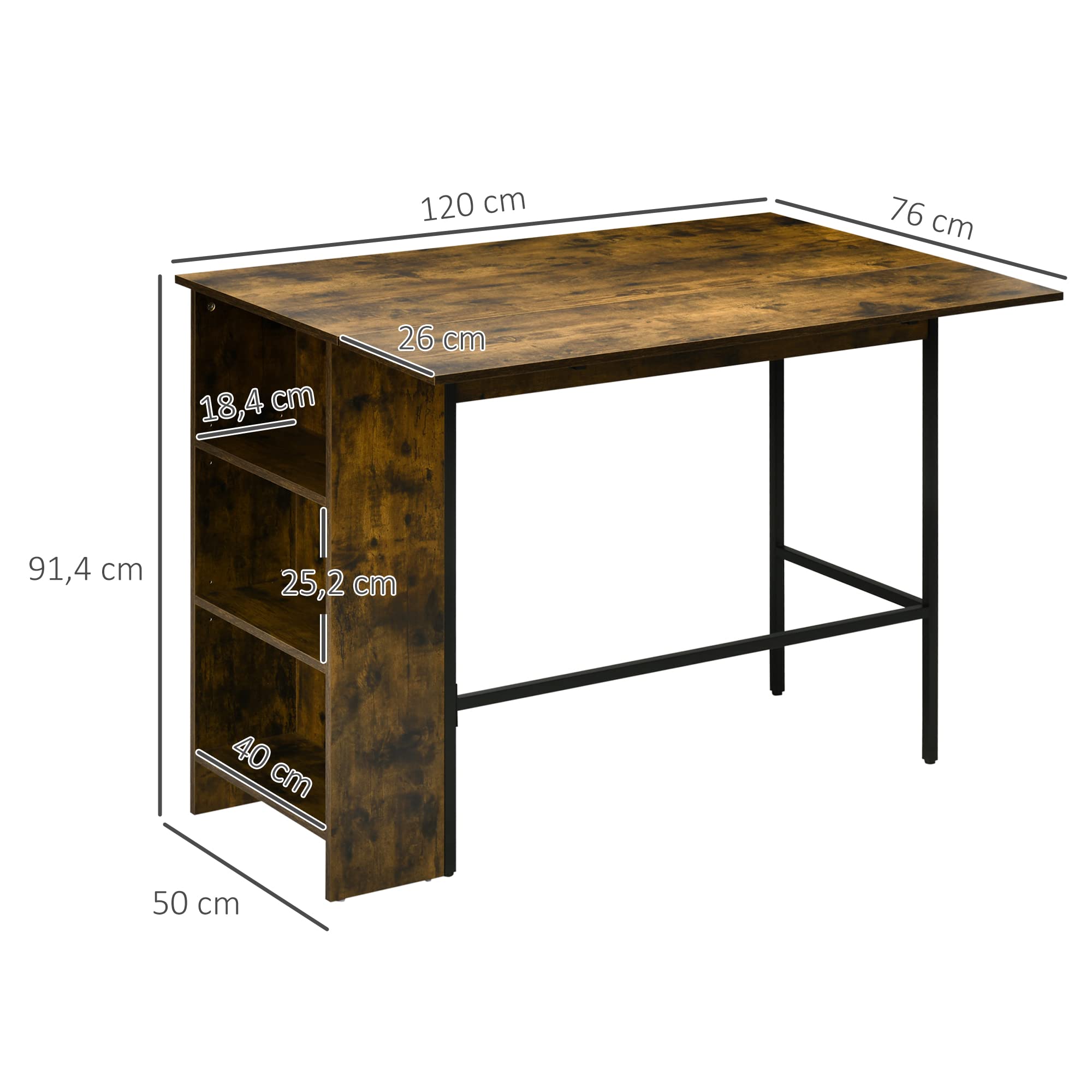 HOMCOM Table de Bar avec Rangement Table Bistrot Ilot Central Plateau latéral Rabattable et 3 étagères - 120 x 76 x 91,4 cm Brun Rustique