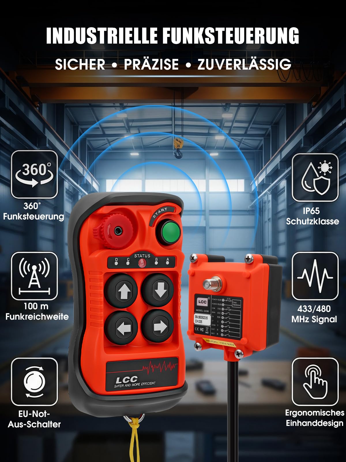 Kran Funk Fernbedienung 4 Tasten 12-24V Industrie Funksteuerung für Elektrokettenzug Brückenkran Laufkran Drahtlos 433/480MHz IP65 Not-Aus Einhand Sender 100m Reichweite für Hebezeug & Winde