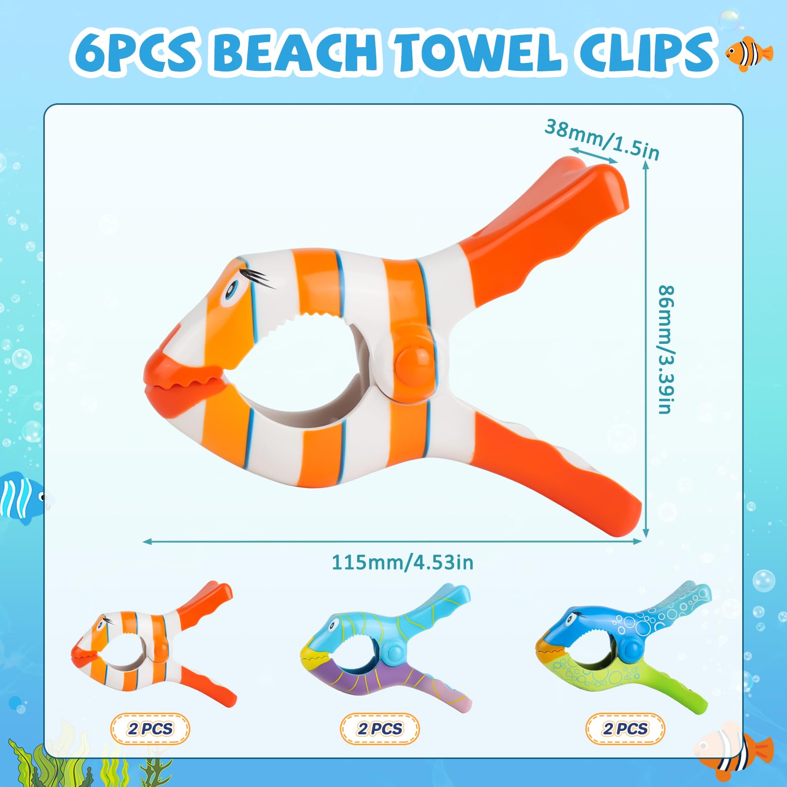 Pinzas para Toallas de Playa, 6 Piezas Clips para Toallas de Playa, Pez Payaso Pinzas para Toallas de Piscina, Pinzas Toalla Playa para Toalla de Playa,Toalla de Baño