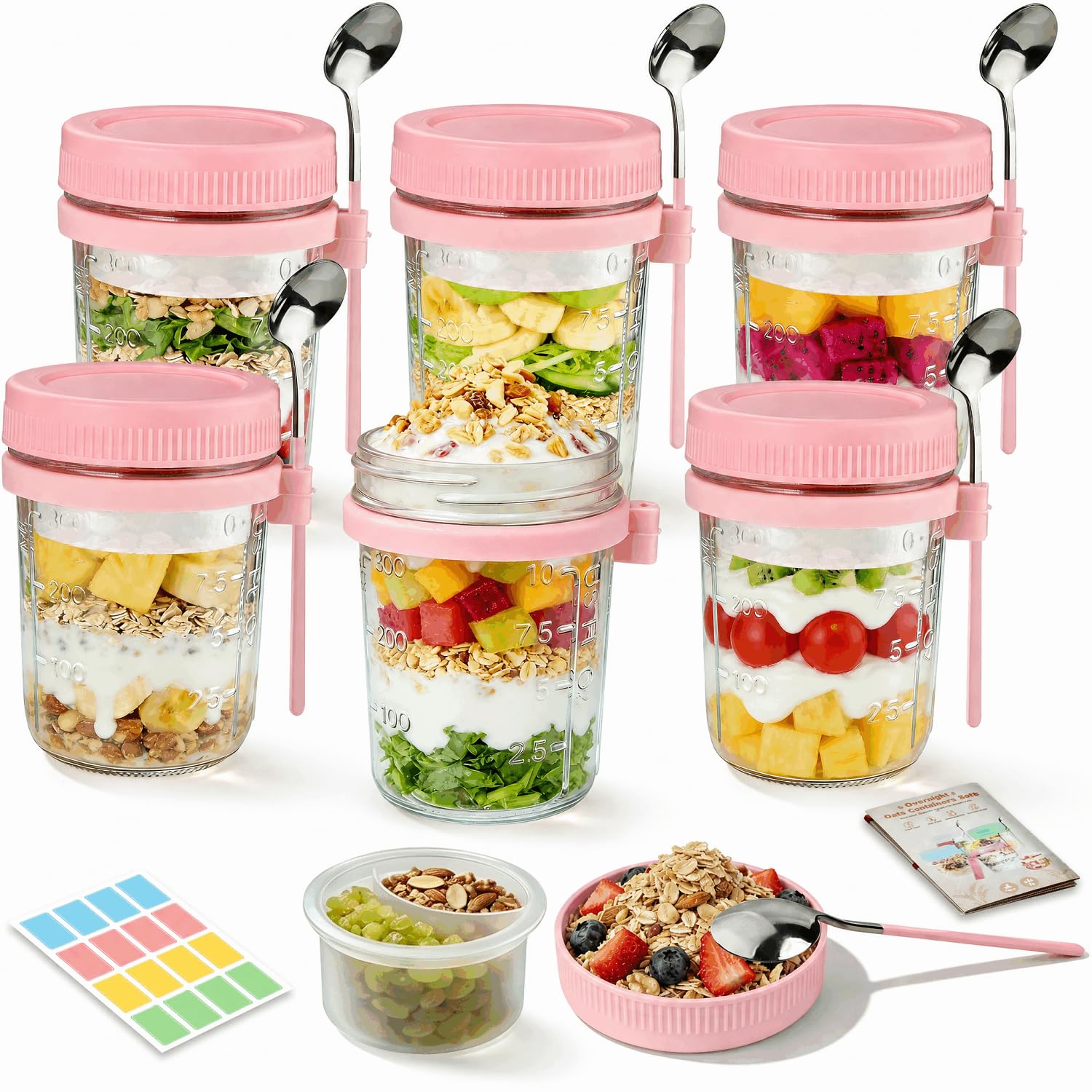 6 Pack Overnight Oats Containers with Lids and Spoon - 16 oz Glass Mason Jars with Separate Compartments Leakproof Chia Pudding Yogurt Parfait Cups Cereal Meal Prep, Sugar Packet Holders (Pink)