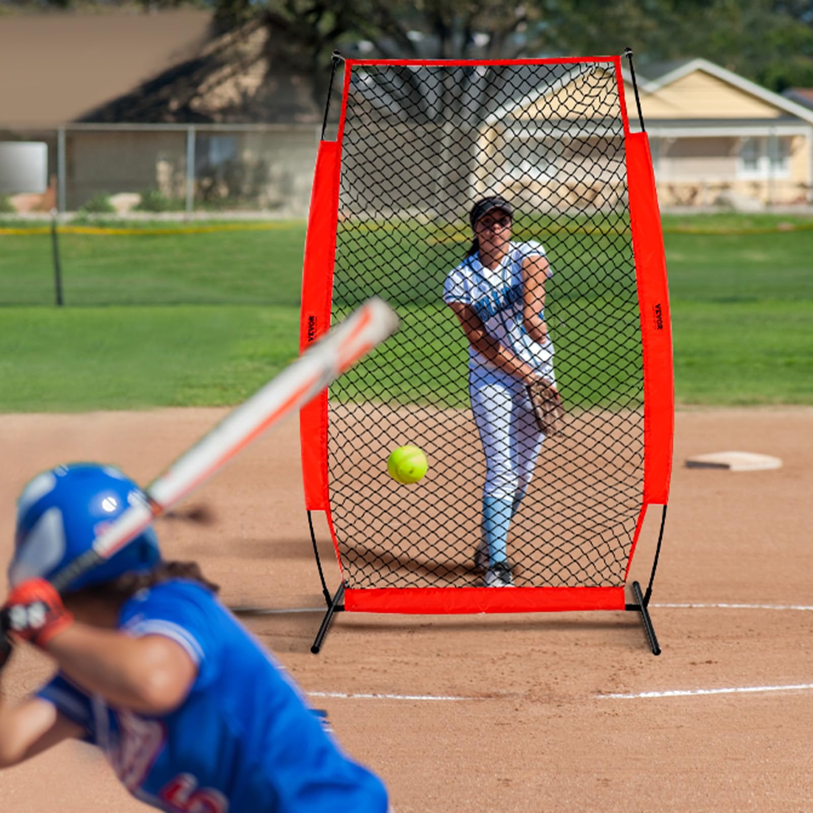 VEVOR Écran Protecteur de Baseball en I, Filet de Protection de Softball 140 x 218 cm, Portable avec Sac de Transport et Piquets de Sol, Équipements pour Cage de Frappeurs Protection Lanceurs