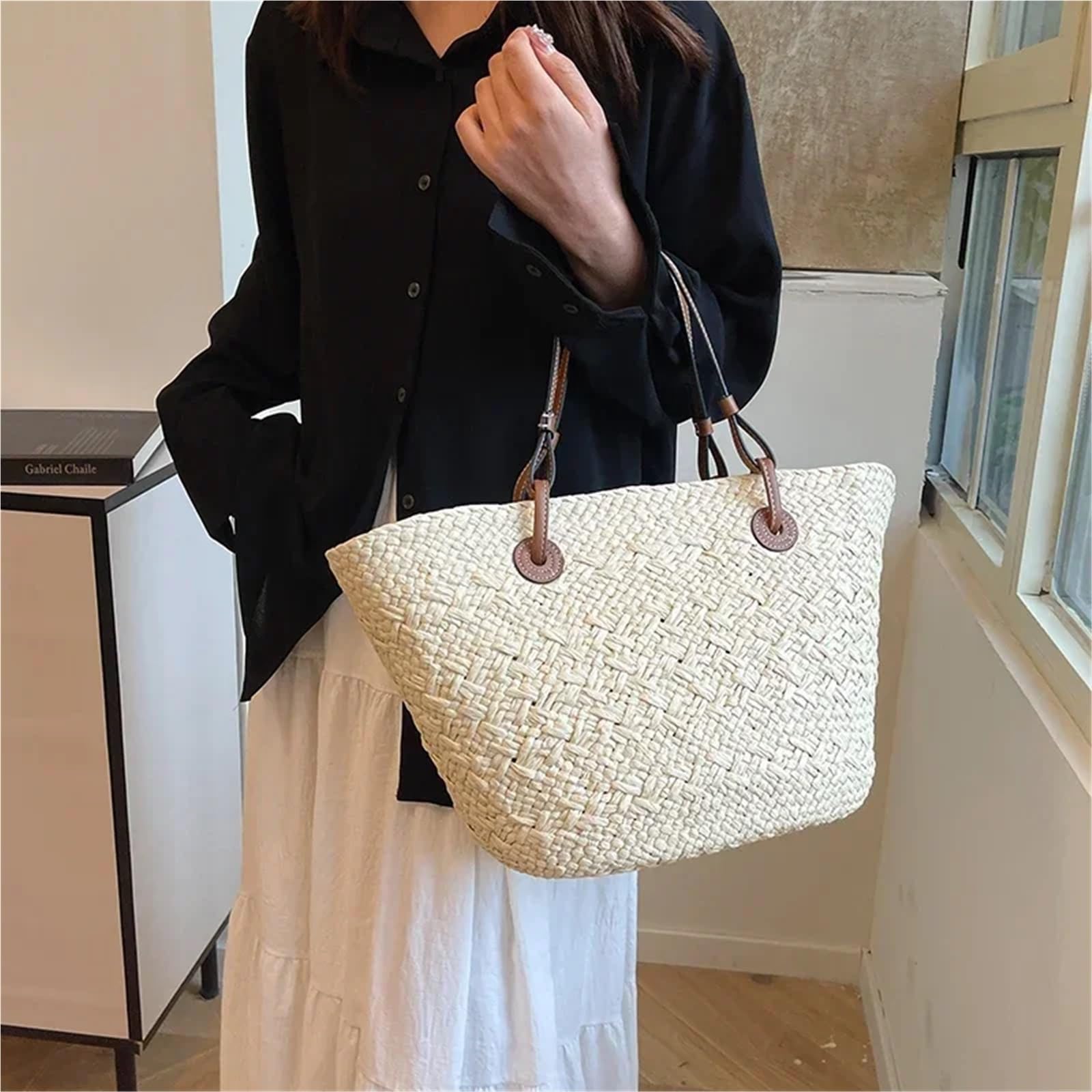 sac de plage tissé Sacs de panier tissés en osier d'été, sacs à main rotin for femmes, fourre-tout paille plage fait la, sac bandoulière kaki