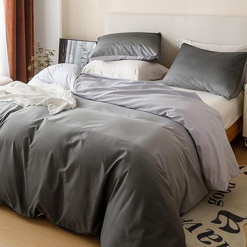 YuHeGuoJi Juego de funda de edredón de 3 piezas, 100 % algodón, 1 funda de edredón gris oscuro neutro con lazos de cremallera, 2 fundas de almohada,