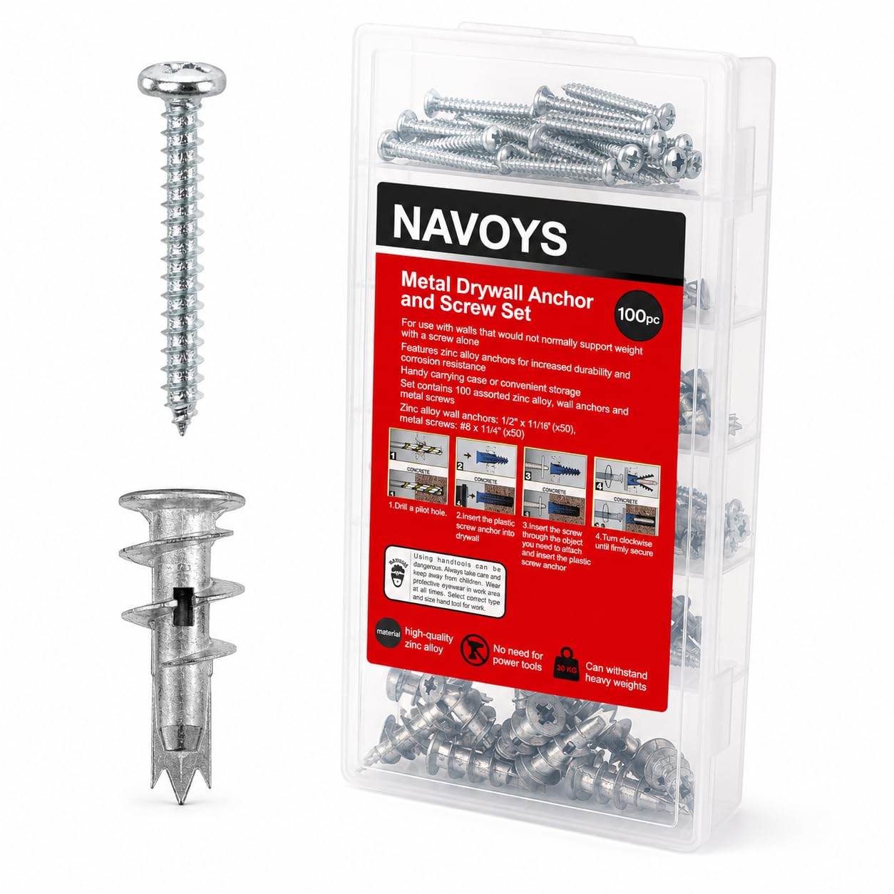 100pc Metal Drywall Anchor & Screw Set | Zinc Alloy Wall Plugs & #8 Screws | Self Drilling Heavy-Duty Plasterboard Fixings for Wall Hanging | Storage Case Included