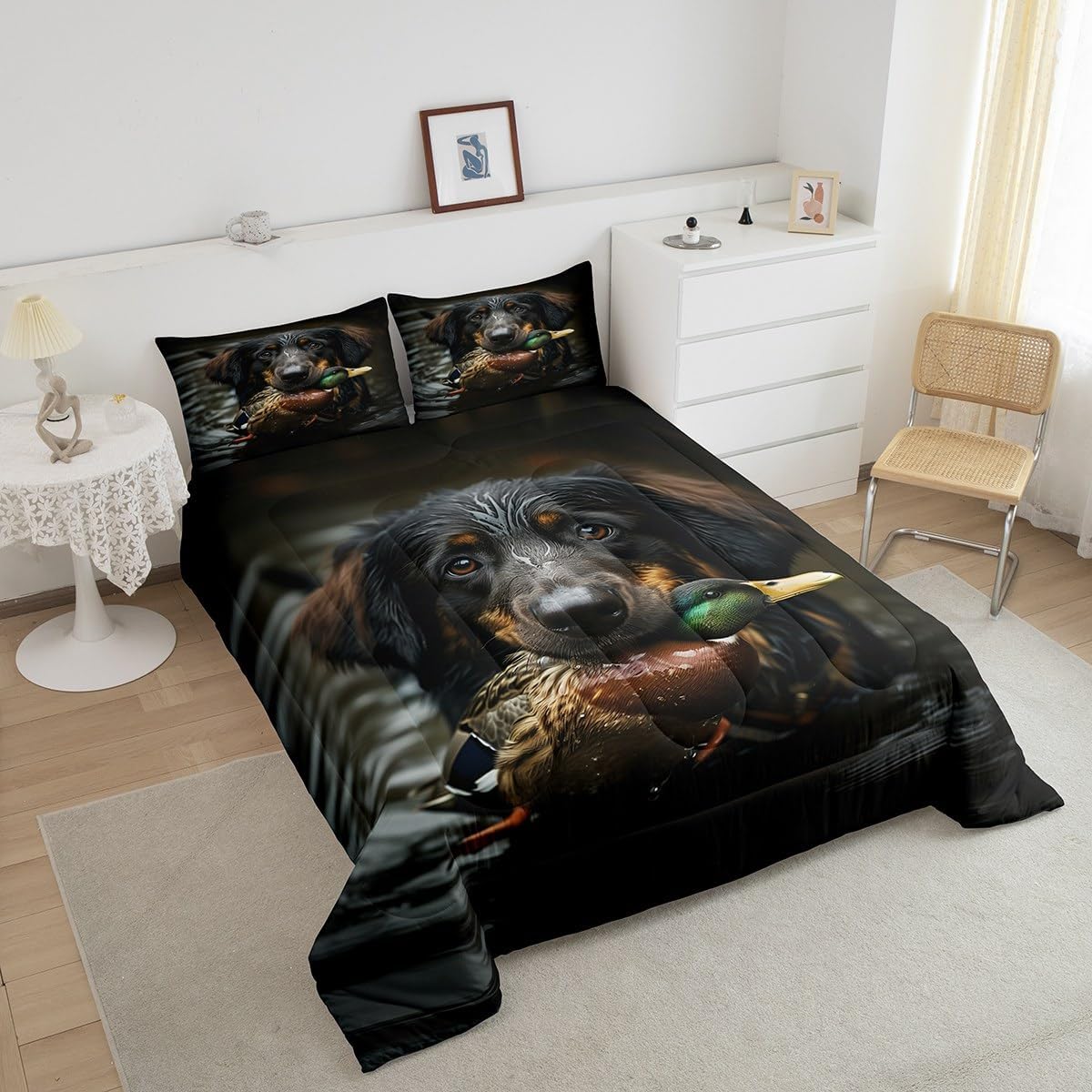 Hunting Theme Dog Comforter Set Queen Size,3D Wild Duck Bedding Set for Kids Men Adult Teens Bedroom Decor,Rustic Pet Animals Quilt Set Doggy Hunter Farmhouse Style Duvet Insert,2 Pillowcases