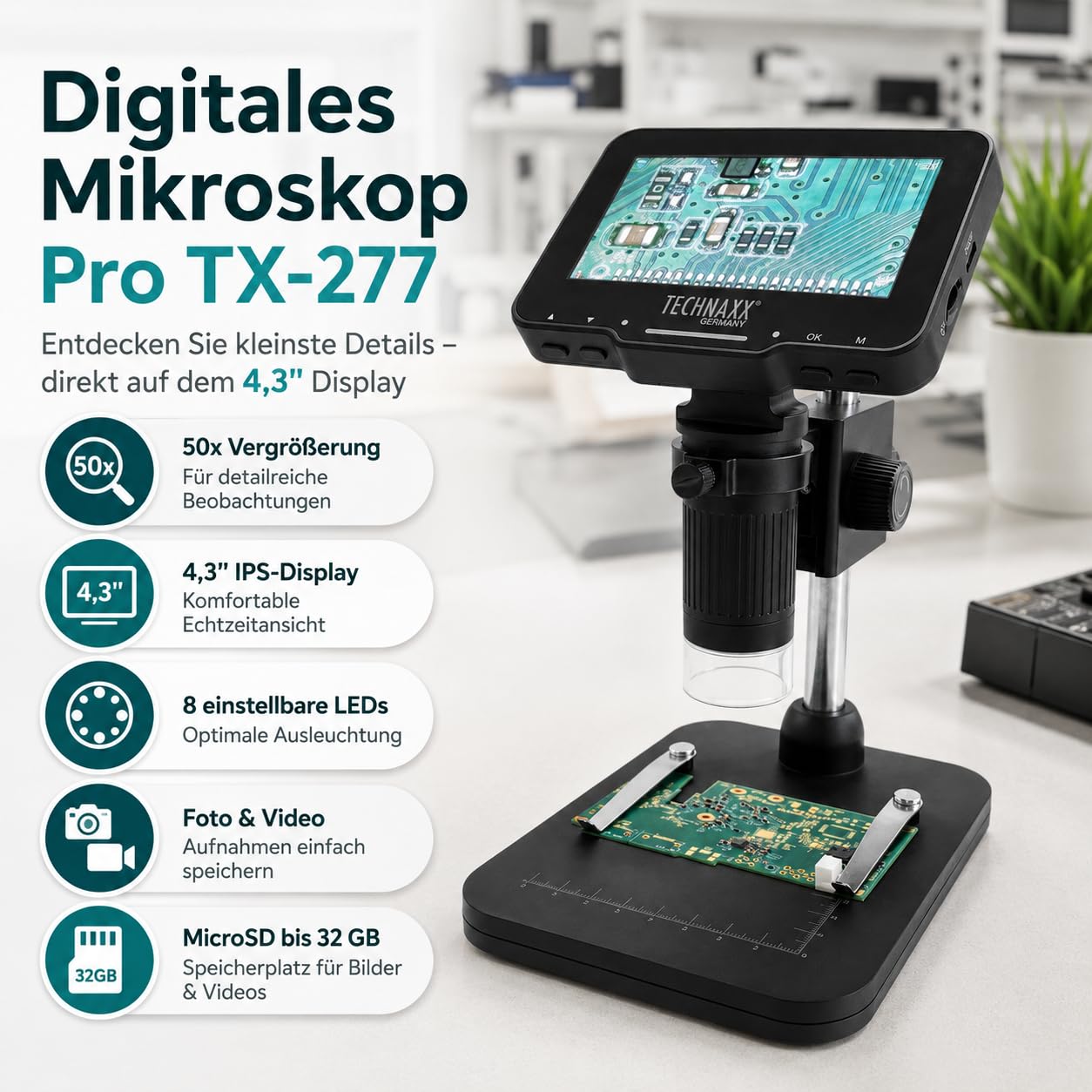 Technaxx Mikroskop Digital mit 50x Vergrößerung, 4,3 Zoll IPS Display, 8 LED Beleuchtung, Foto&Video Aufnahme, USB PC Verbindung, Tragbares Digitalmikroskop für Münzen, Elektronik & Pflanzen – TX-277