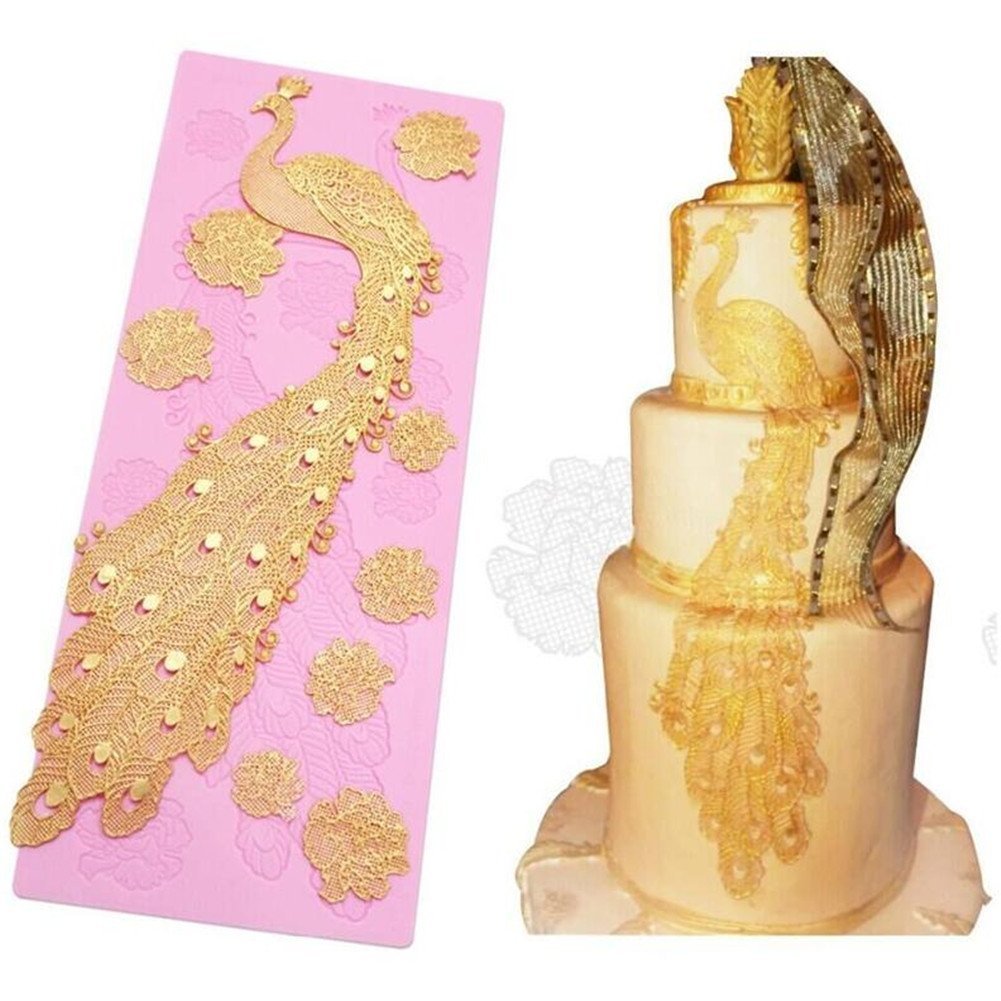 Valink Random 38.5X15.5 Large Peacock Pattern Fondant Lace Mat Silicone Baking Mat Mold Sugar Bakeware Embossing Rolling Pad Cake Brim Decoration Mold Kitchenware Diy Tool