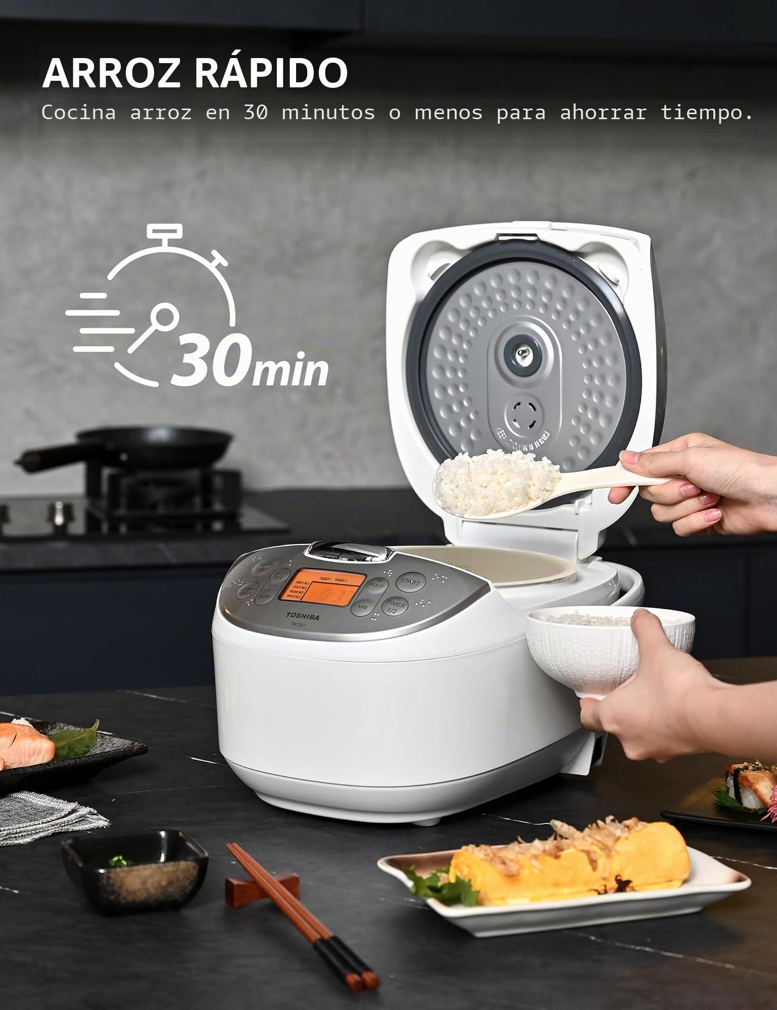 Toshiba Arrocera japonesa de 6 tazas crudas - Arrocera japonesa con tecnología Fuzzy Logic, 7 funciones de cocción, pantalla digital, 2 temporizadores de retardo y mantenimiento automático del calor