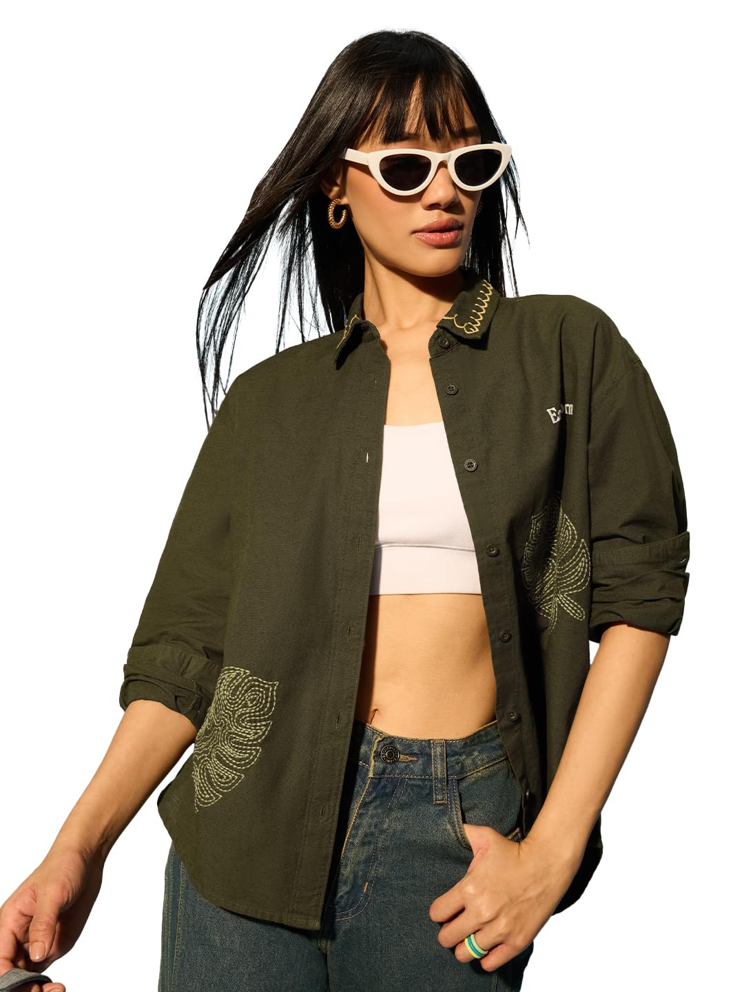 the souled store Earthborn: Botanical Leaf Women and Girls Full Length Sleeves Spread Collar Dark Olive Green Embroidered Cotton Linen Oversized Fit Lightweight Everyday Shirt-picture-39