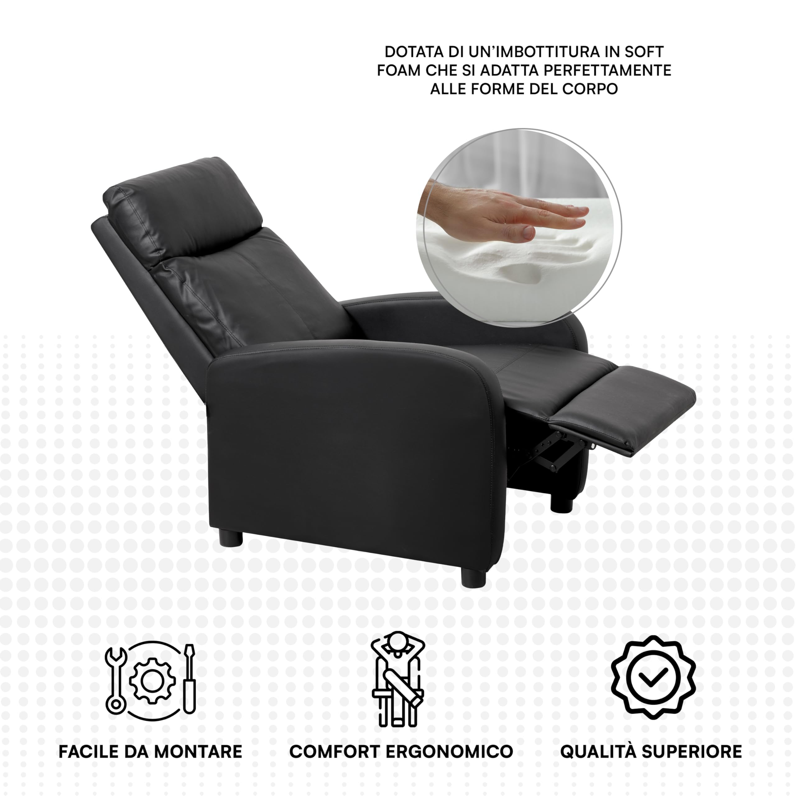 Baroni Home Poltrona Reclinabile in Soft Foam, con Recliner a Spinta, Poggiapiedi, Piedini Antiscivolo, Poltrona Relax Push-Back, Facile da Montare, Comoda, Nero, 66x75x99 cm