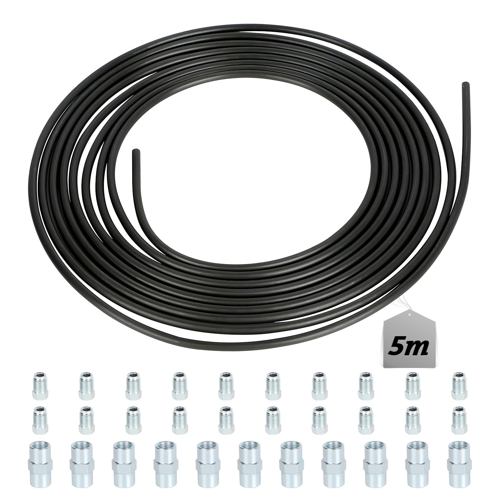 LALAGO 1 Stück Bremsleitungen, Schwarzes Bremsleitung Set 5m Ø4,75mm, mit 20 Verschraubungen und 10 Verbinder, Einbaufertige Bremsrohr, Bremsleitung Bördelgerät