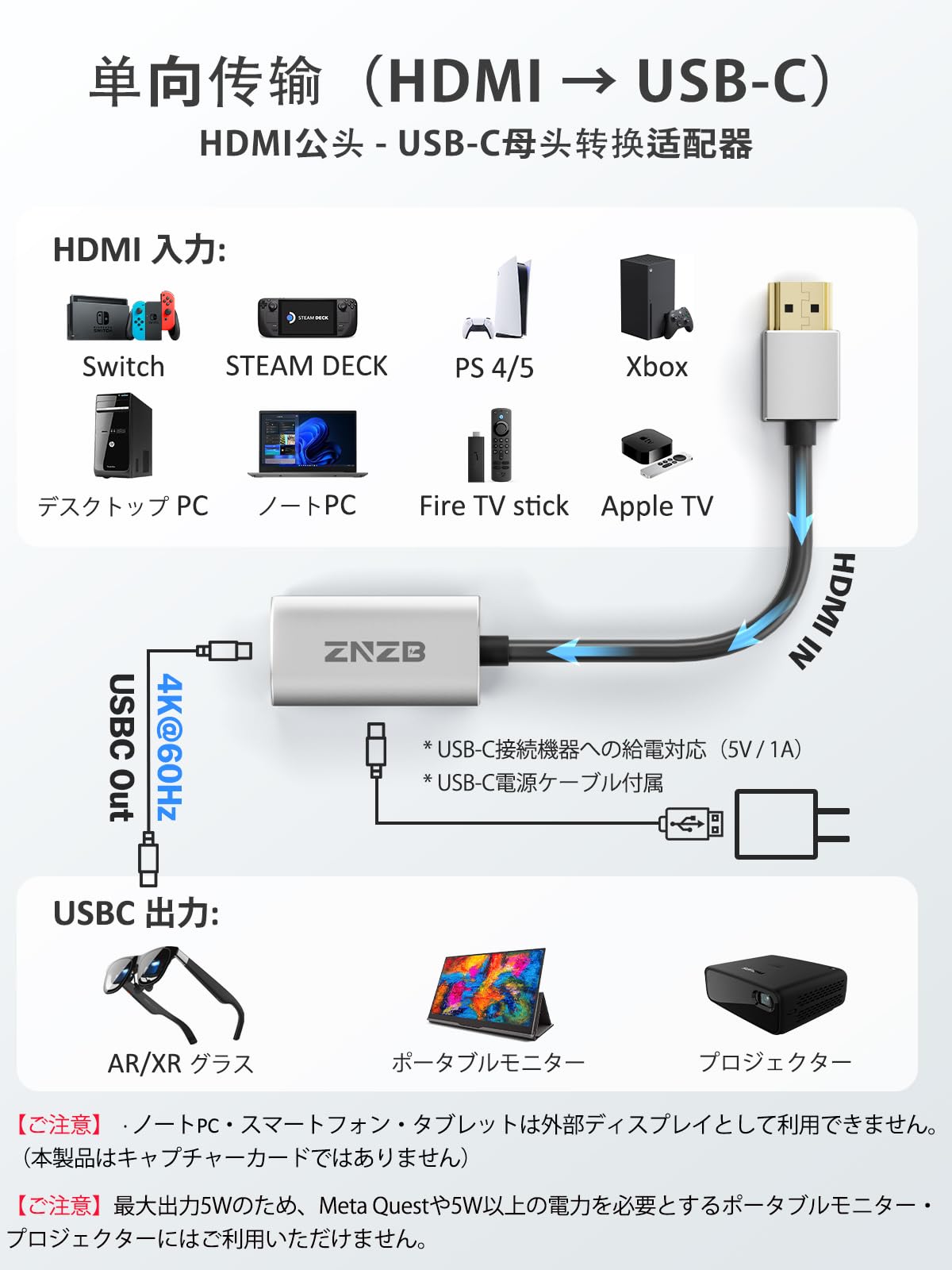 Amazon.co.jp: ZNZB HDMI to Type-C 対応 XREAL One/Air 2 Pro/VITURE