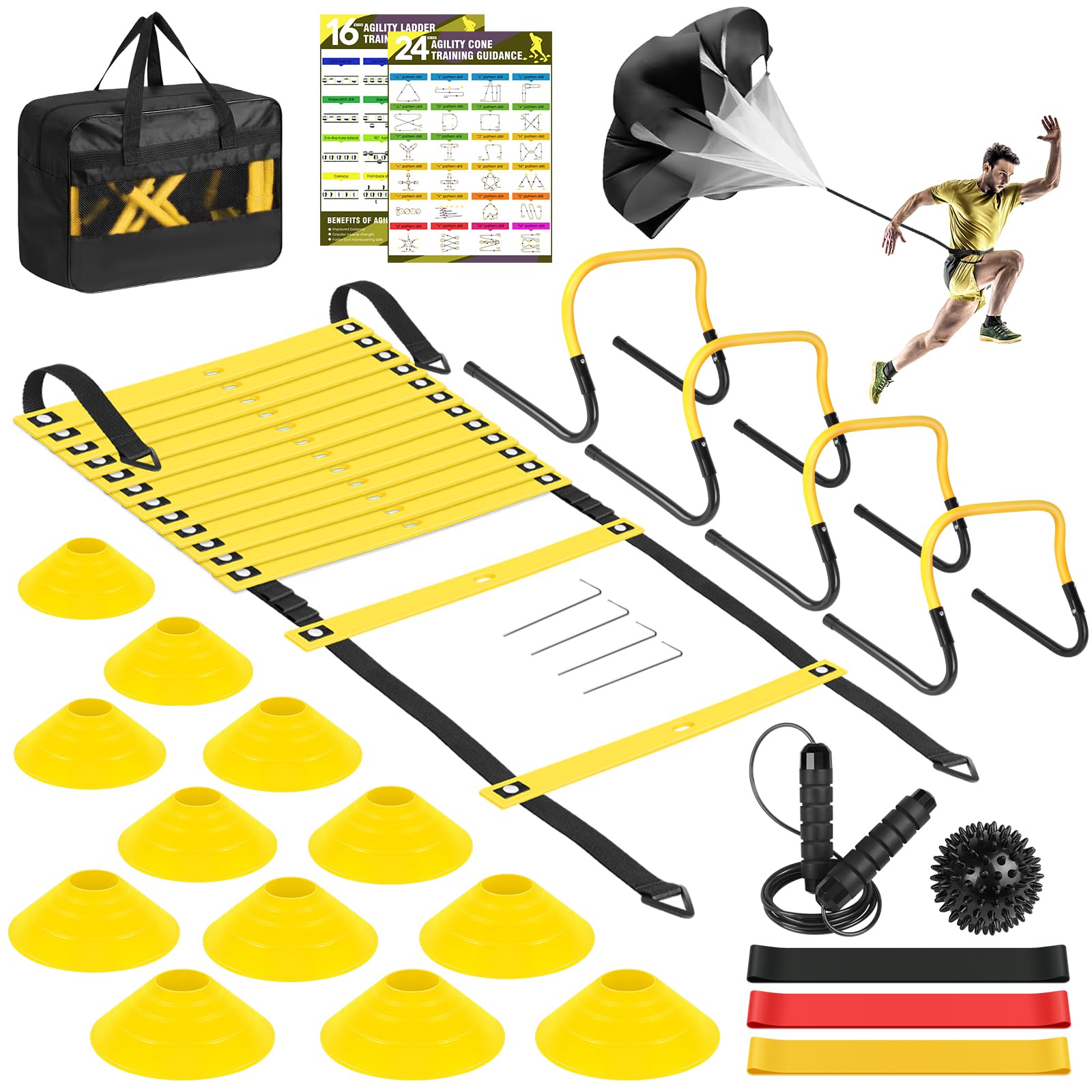 Agility Speed Training Equipment Set - 20ft Speed Ladder, 12 Cones, 4 Adjustable Hurdles, Jump Rope, Parachute, 3 Resistance Bands | Ideal for Basketball, Football, Soccer, for Kids, Youth, Adults
