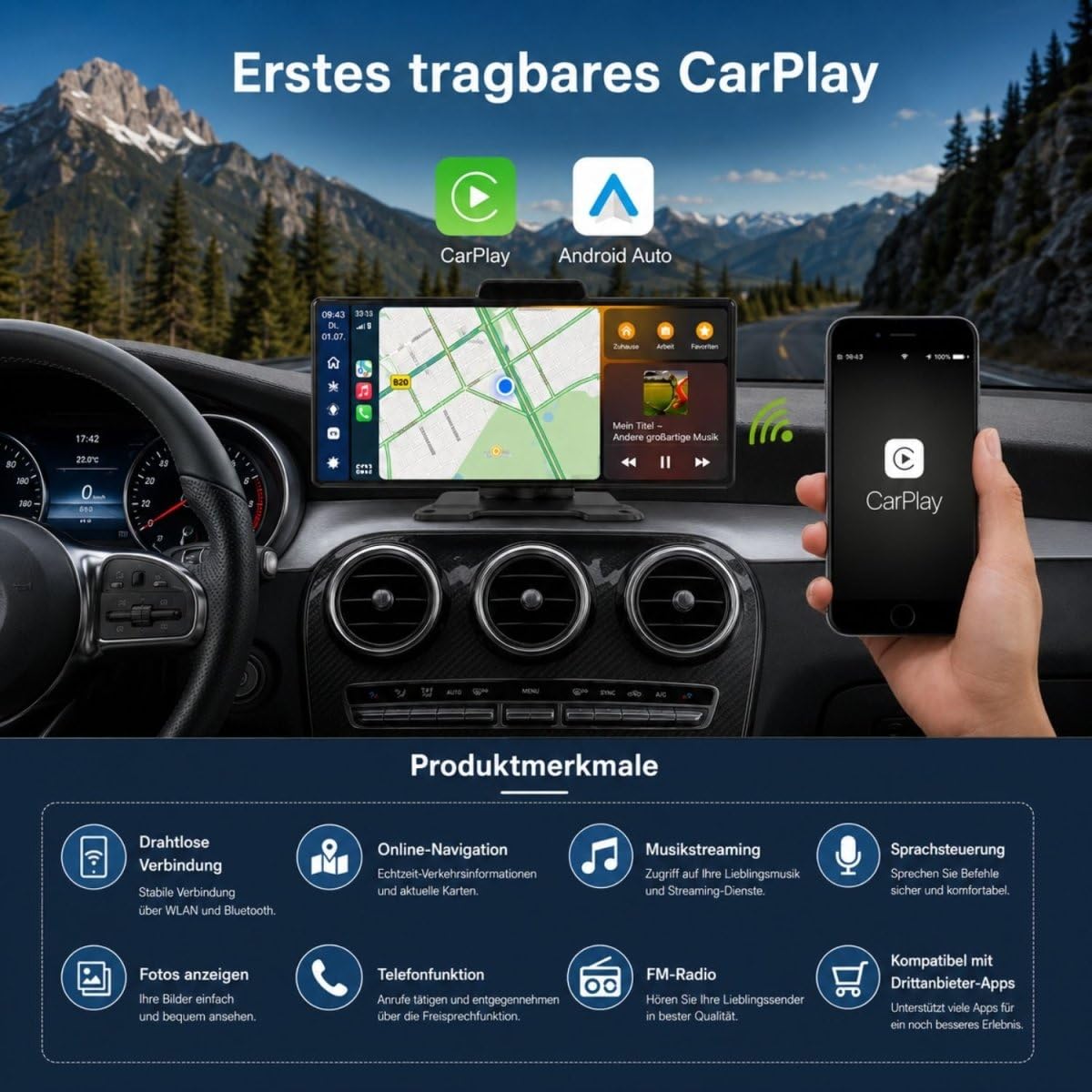 Elebest CarPlay C1026 – 10,26 Zoll Touch Navi mit kabellosem Apple CarPlay & Android Auto, 4K Dashcam vorne, Rückfahrkamera, GPS, Bluetooth & Sprachsteuerung