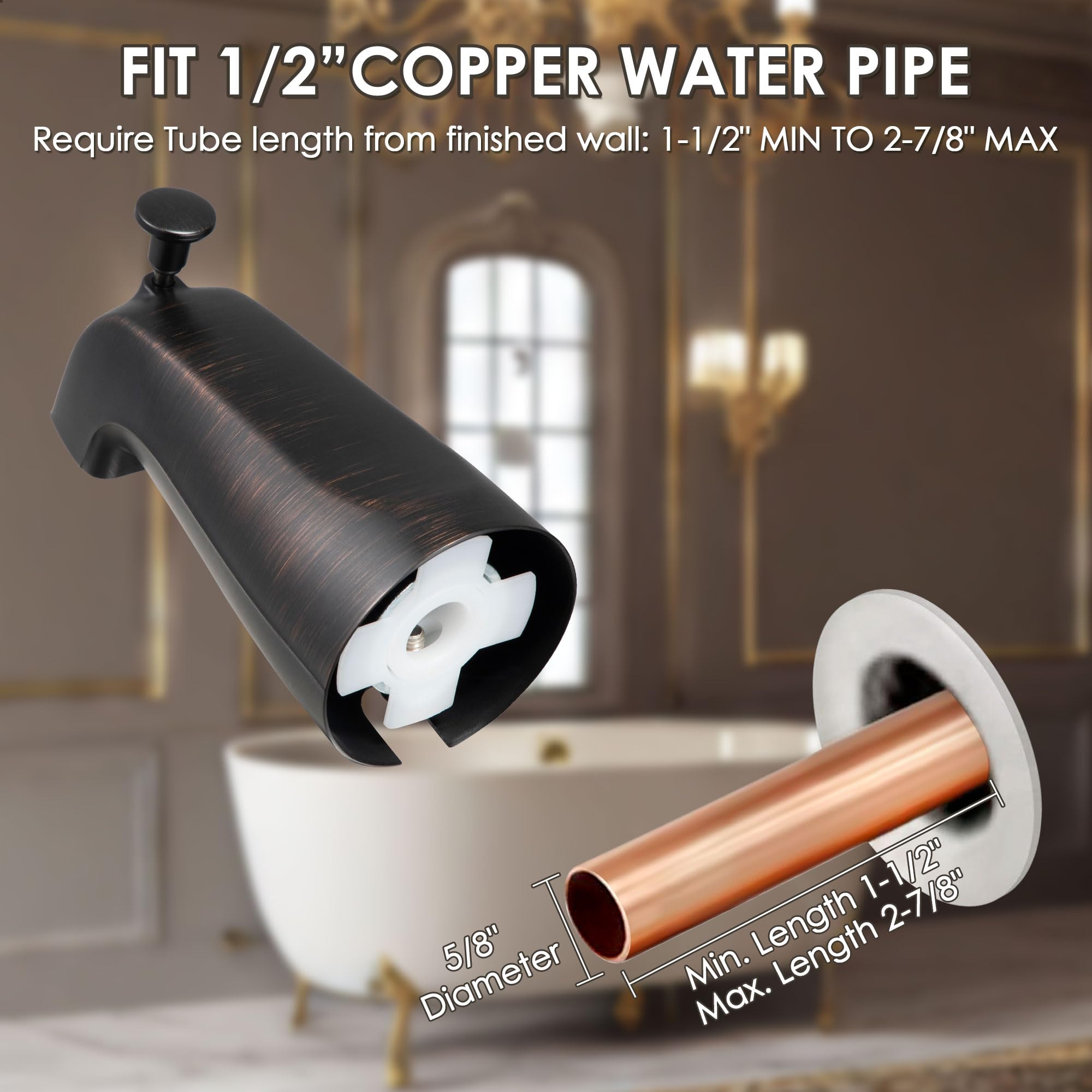 Paquete de 2 boquillas de bañera sin cordones con desviador, compatible con boquilla de tina estándar estadounidense 8888026.002, grifo de bañera de baño, se adapta a tubos de agua de cobre de 1/2