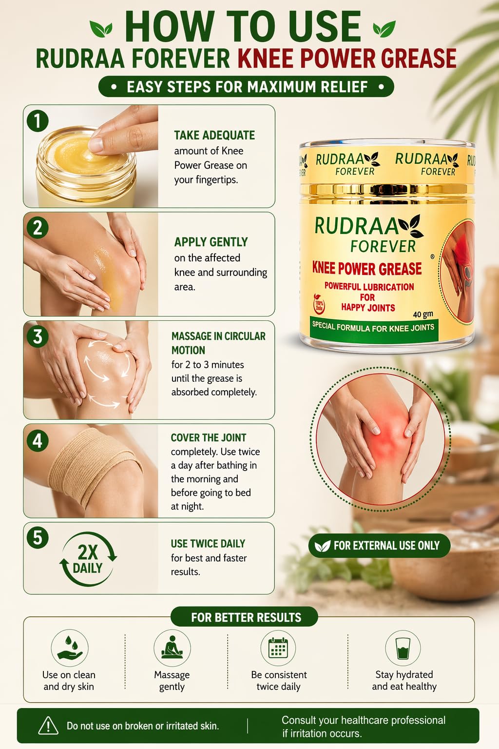 Rudraa Forever Knee Power Grease 40 g | Joint Massage Cream for Knee Care | Powerful Lubrication for Happy Joints | Special Formula for Knee Pain Relief 4