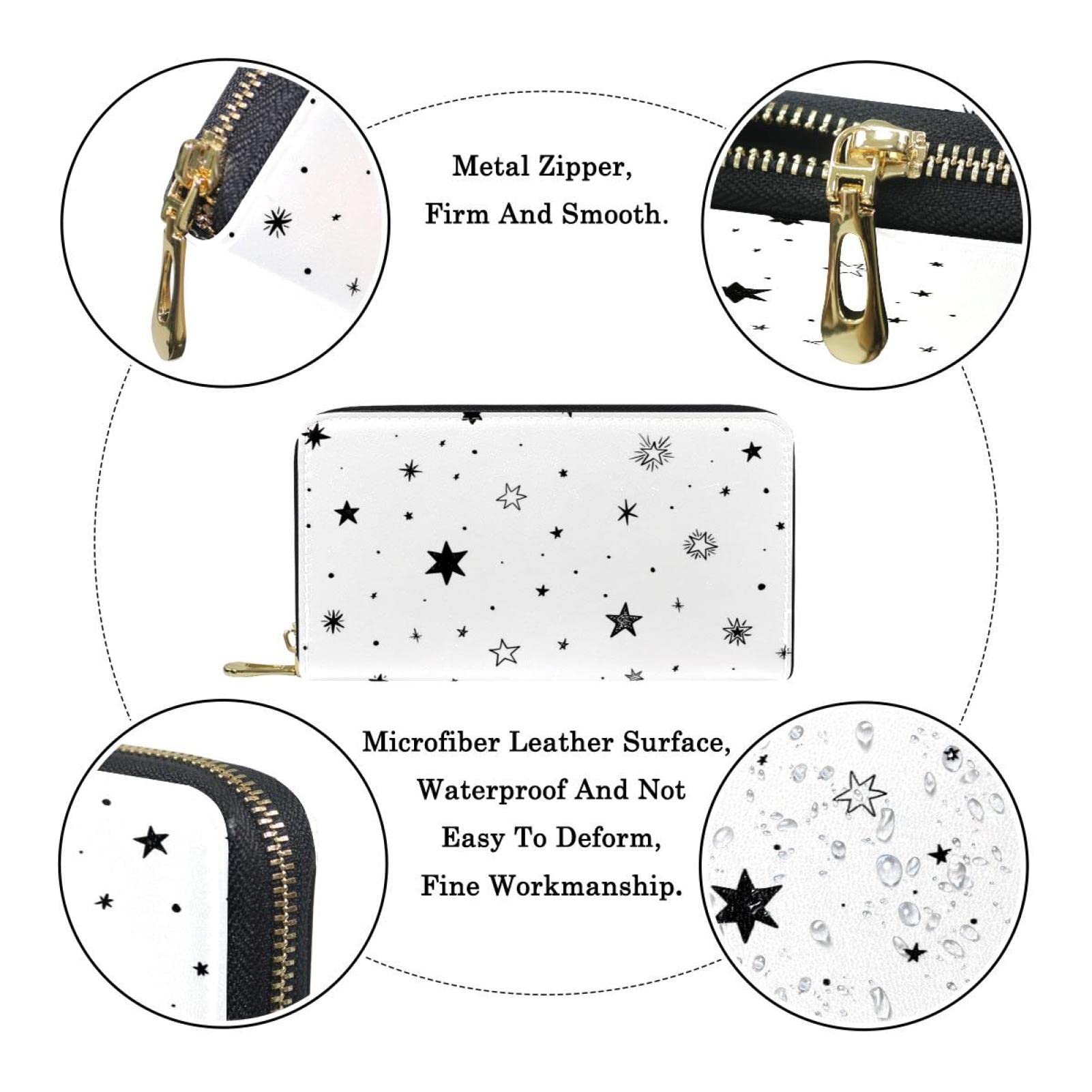 Cartera de piel con cremallera y fondo blanco con estrellas negras, Varios colores, 20.5x2.5x11.5cm/8.07x1x4.53 in, Classic