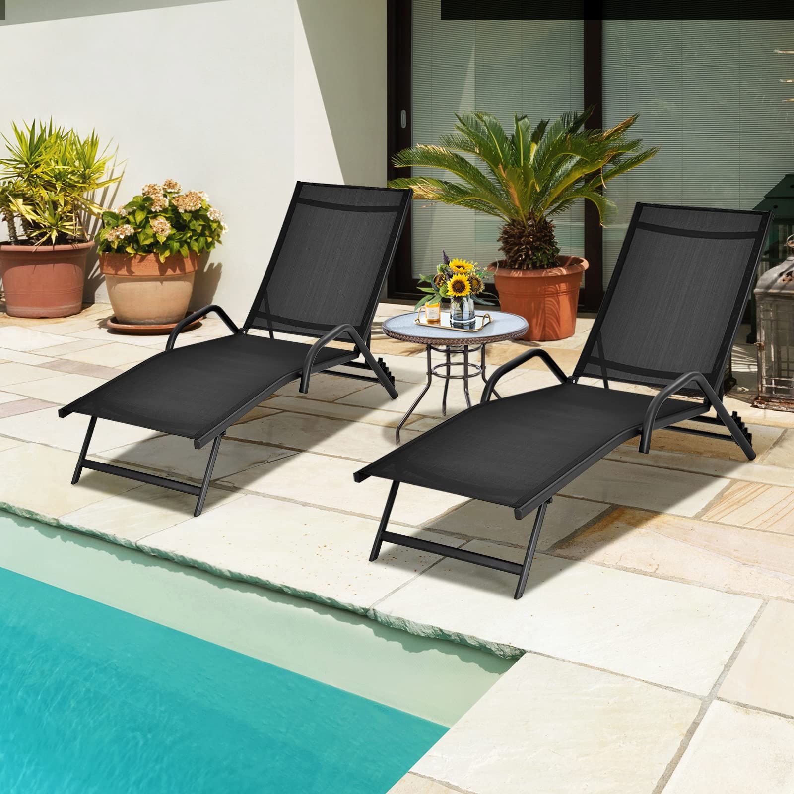 GIANTEX Set da 2 Lettini da Giardino Ergonomici, Schienale Regolabile in 5 Posizioni, Telaio in Ferro, Portata massima 160 kg, 184,5 x 62 x 71 cm