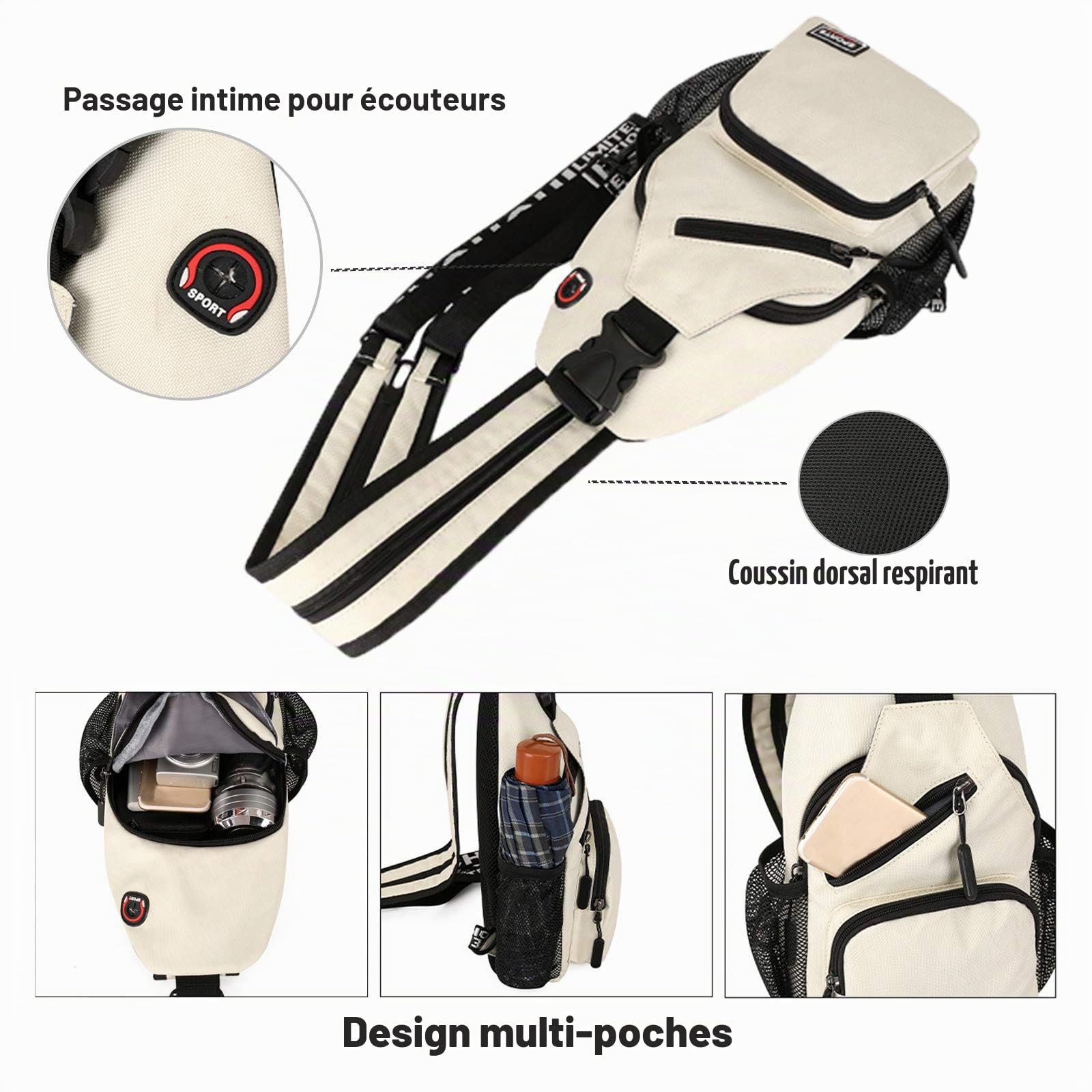 FANDARE Femme Sac de Poitrine Petit Sacs à Dos avec Trou pour écouteurs Sac à Bandoulière Fille Sacoche Bandouliere Sling Bag pour la Randonnée Vélo Camping Polyester Durable Bleu