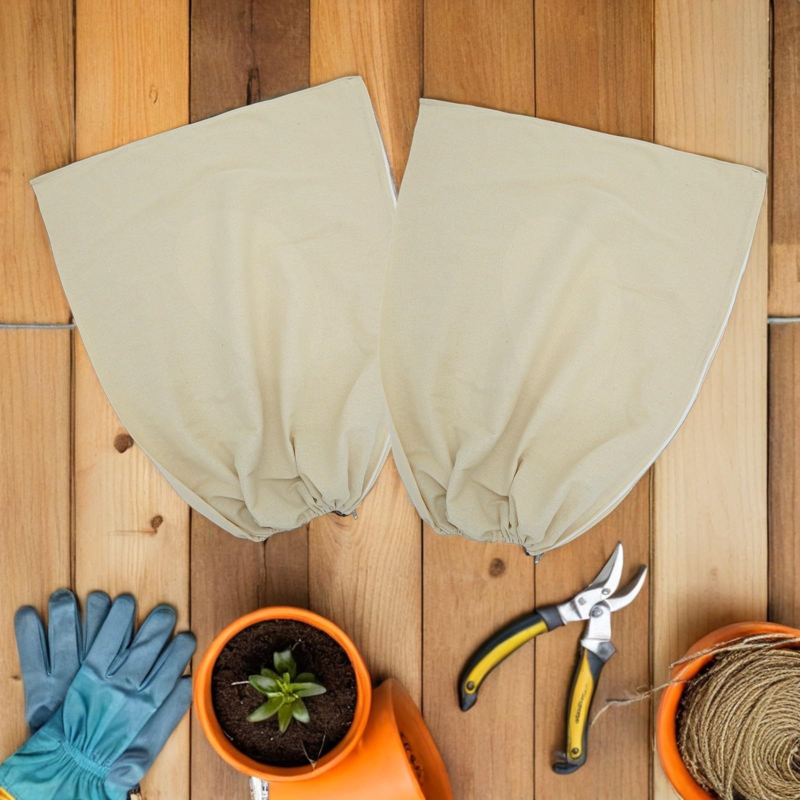 Sosoport 2 Pezzi Telo in Lino Beige per Piante Antigelo Design Traspirante e Isolamento Invernale, Copertura Riutilizzabile per Piccoli Alberi e Vasi in Esterno Durante l'inverno