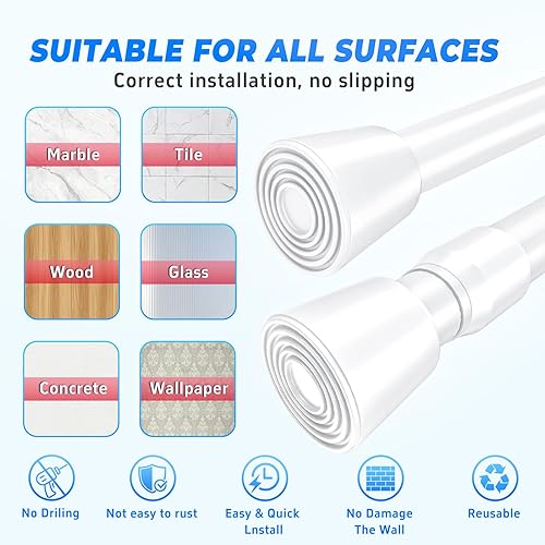 Miniatura 4 de Juego de 2 barras de cortina de ducha de 41 a 75 pulgadas, resistentes al óxido, ajustables, para baño o puertas, color blanco