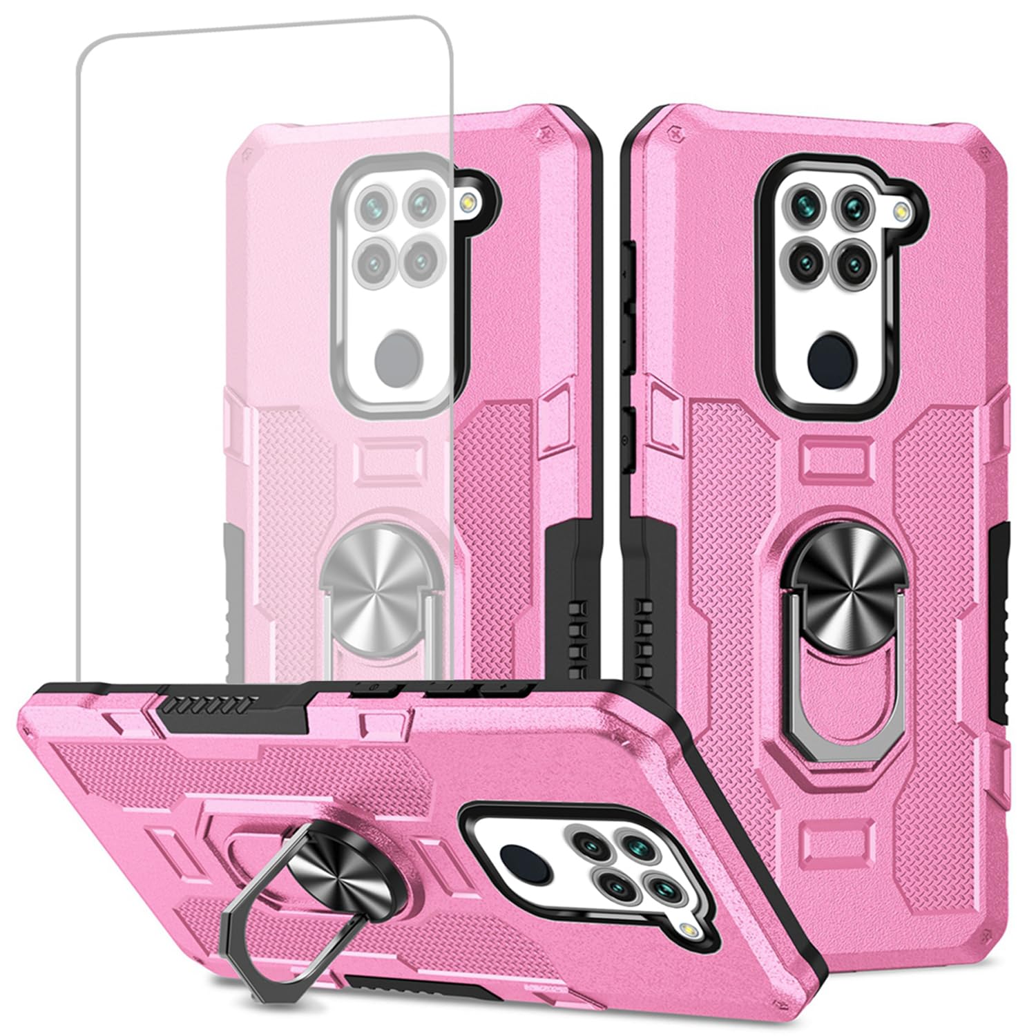 Case for Redmi Note 9/Redmi 10X 4G M2003J15SC Case with Tempered Glass Screen Protector, Heavy Duty Protection with Metal Ring Magnetic Kickstand Phone Cover for Xiaomi Redmi Note 9 Pink
