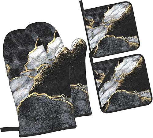 Juego de 4 manoplas de horno y soportes para ollas, guantes de cocina de mármol negro y dorado, resistentes al calor, antideslizantes, para chef,
