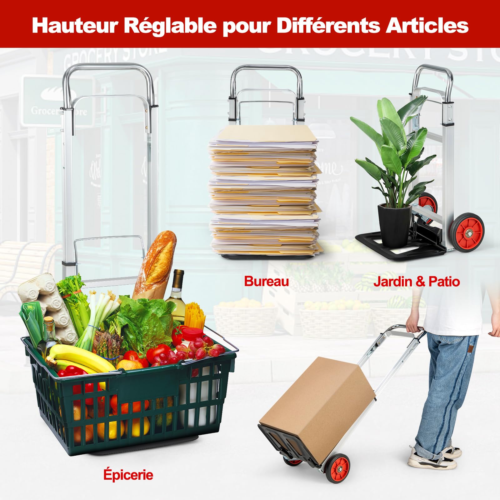 COSTWAY Diable Pliant en Aluminium Charge 100 KG, Diable de Manutention Déménagement Léger & Compact à 2 Roues, Poignée Réglable en Hauteur, Chariot de Transport Pliable pour Maison Entrepôt Shopping