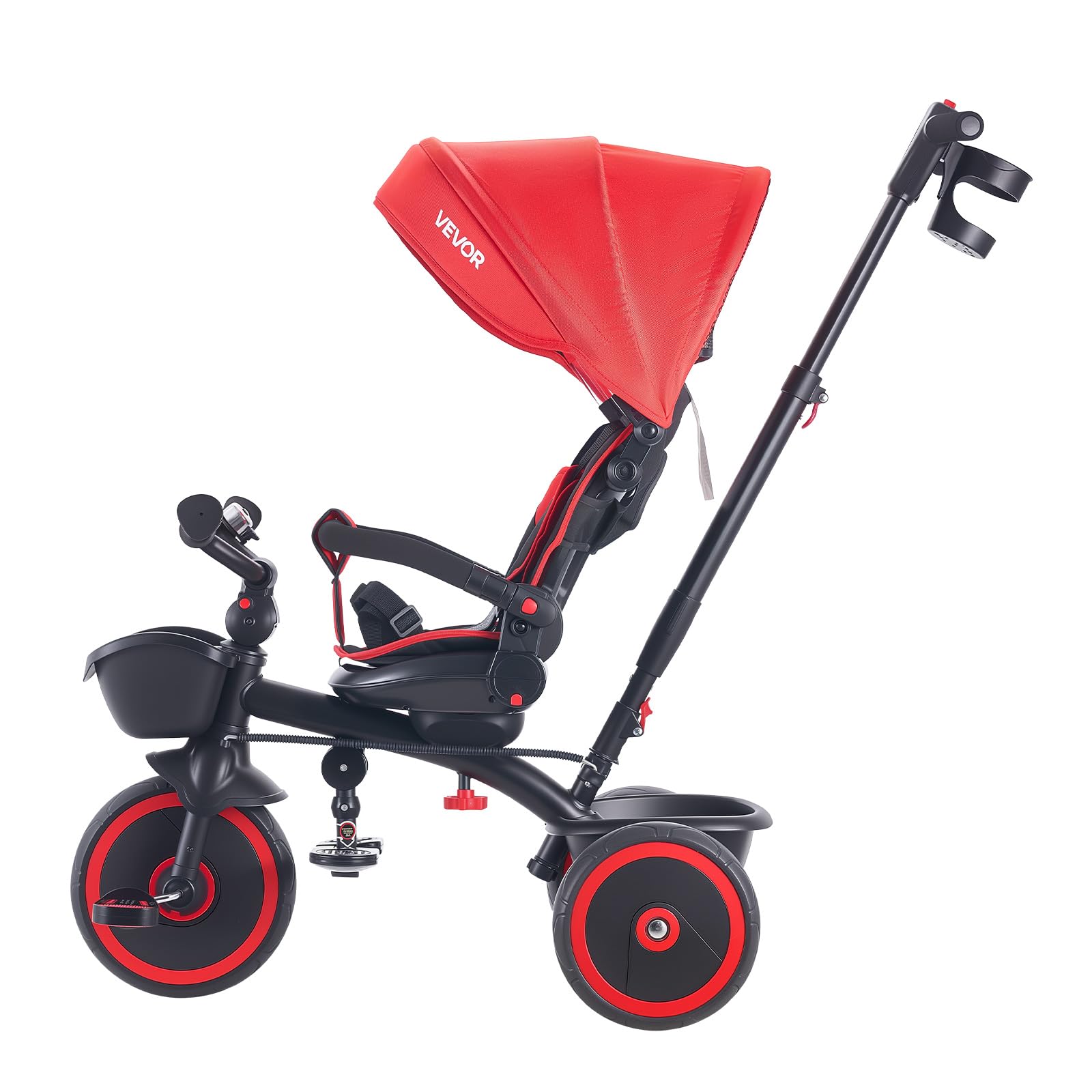 VEVOR Triciclos para Niños de 1 a 5 Años, Triciclo Infantil con Manillar de Empuje para Padres, Capota, Asiento Ajustable, Espacio de Almacenamiento, Cuadro de Acero al Carbono, Rosa y Negro