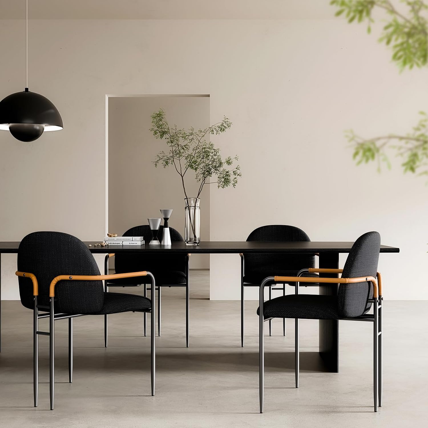 Modern Barrel Dining Chair Linen Black Fabric Dining Chairs with Curved Backrest, Metal Legs & Leather Armrest, Mid-Century Modern Armchair Upholstered Kitchen Dining Room Chairs Set of 2