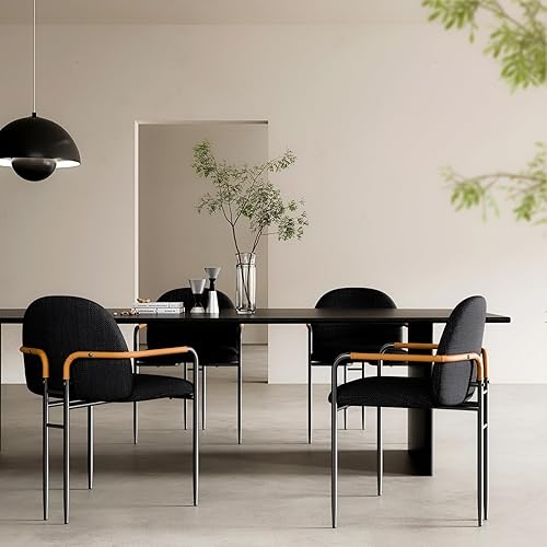Miniatura 5 de Silla de comedor moderna de tela negra de lino con respaldo curvo, patas de metal y reposabrazos de cuero, sillón moderno de mediados de siglo