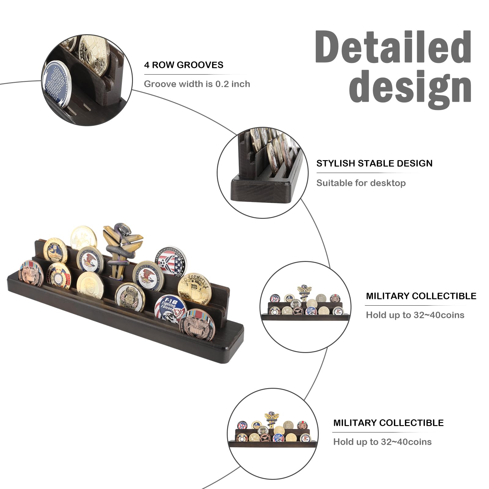 Gzsekken Display Coin Holder - Wooden Challenge Coin Stand(Coins Not Included) - Military Display Stand (4 Row-2 Pack) - Image 4