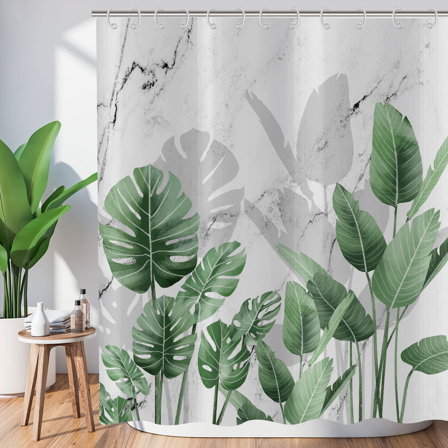 Hnmdmyi Green Leaf Shower Curtain 180x180, Tropical Palm Banana Leaves on Grey and White Marble Bathroom Curtains Jungle Plant Botanical Waterproof Polyester Fabric Washable Bath Curtains with Hooks — image 1