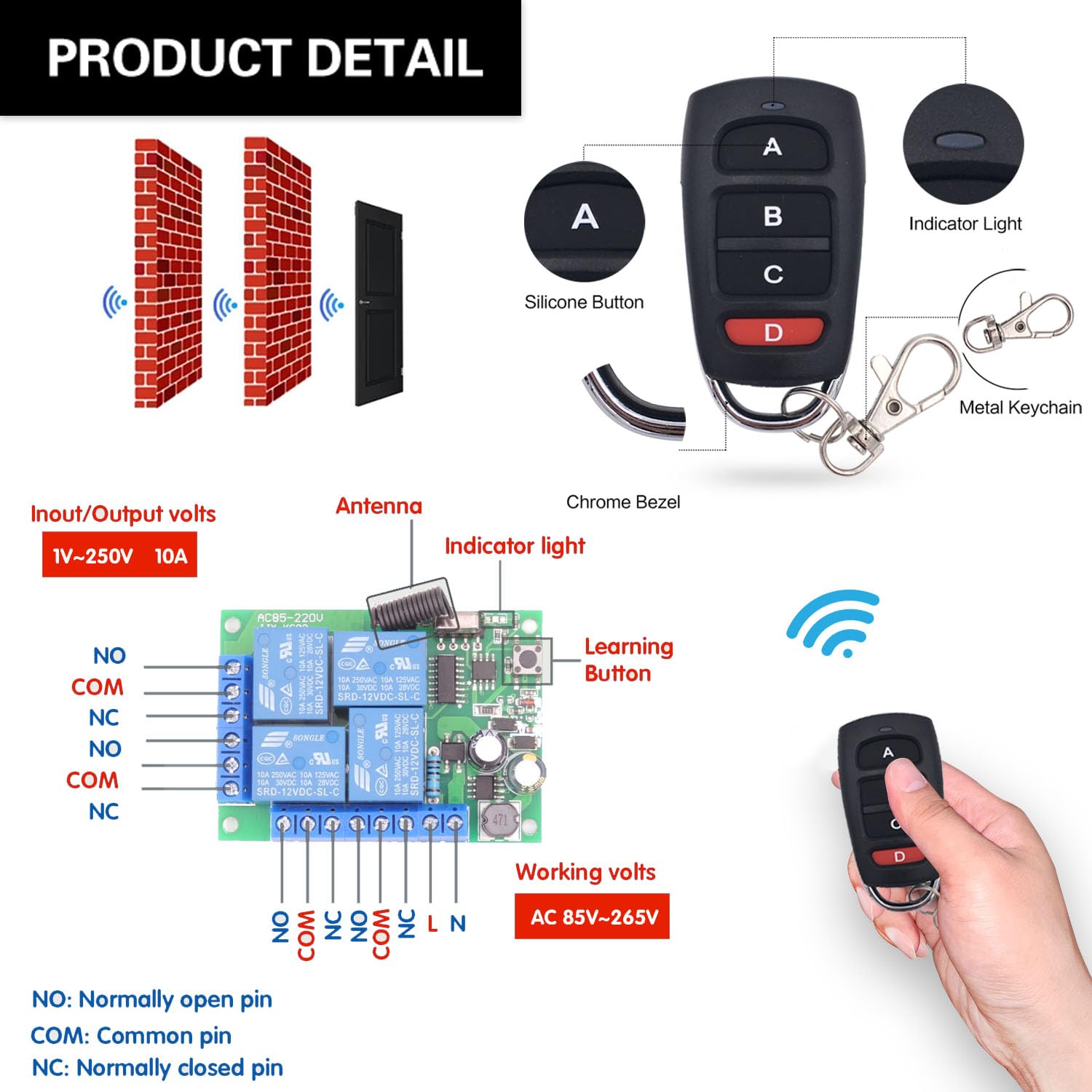 DieseRC Interrupteur de télécommande universel, récepteur de relais RF AC 230V/220V 10A 4CH 433Mhz avec 2 émetteurs pour moteur, porte de garage, lumière, rideau électrique, interrupteur de bricolage