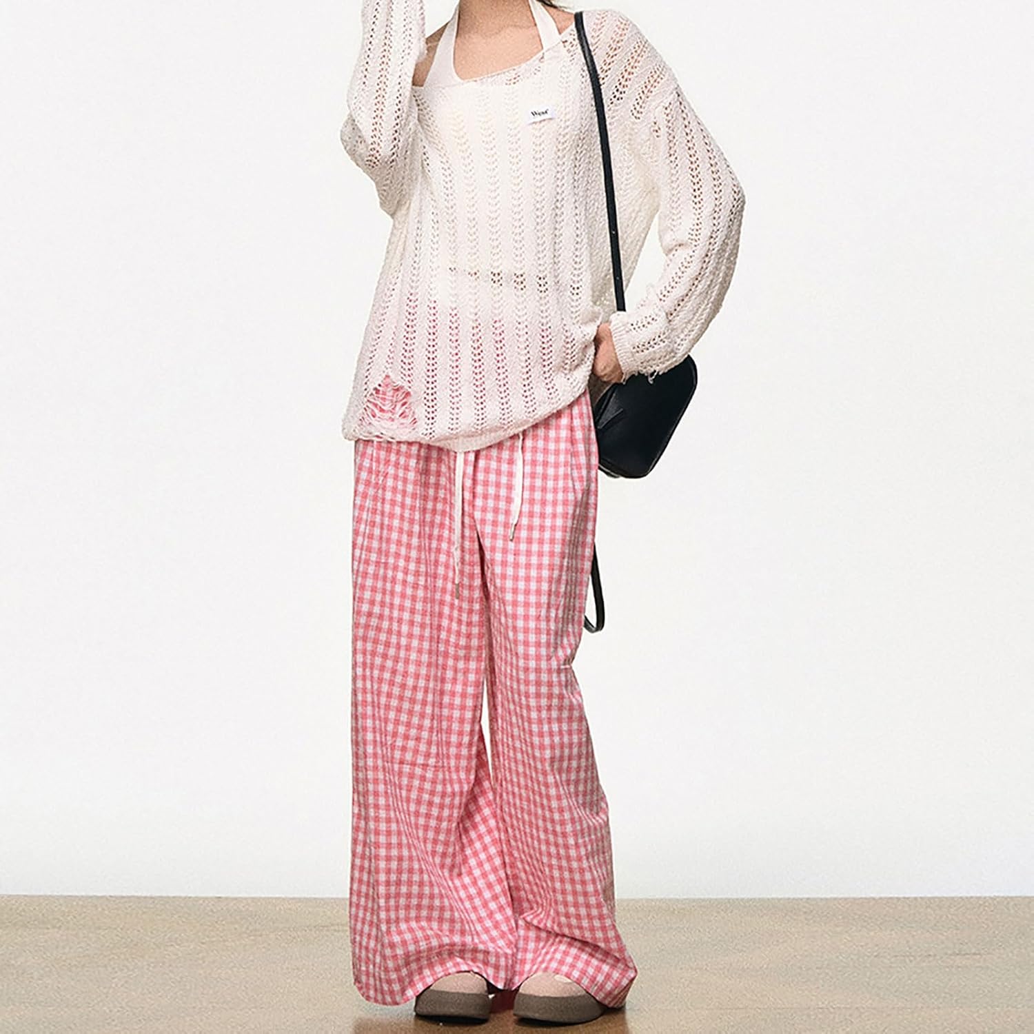 Women's Y2K Goth Baggy Wide Leg Plaid Pants Drawstring High Waist Color Blocking Casual Elastic Waist Trouser - Image 5