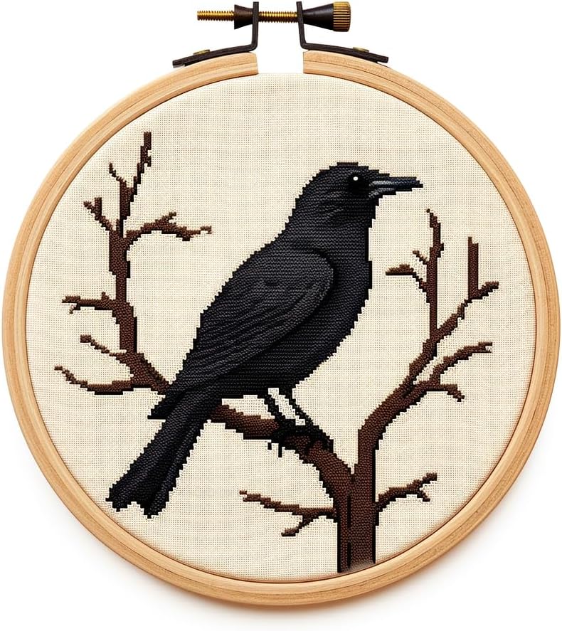 Cartoon Simple Black Crow Raven DIY Stamped Cross Stitch Kits Easy for Beginners Children with Hoop 11CT Needlepoint Counted Embroidery Kits Art Craft Wall Decoration 14x14inch(4)