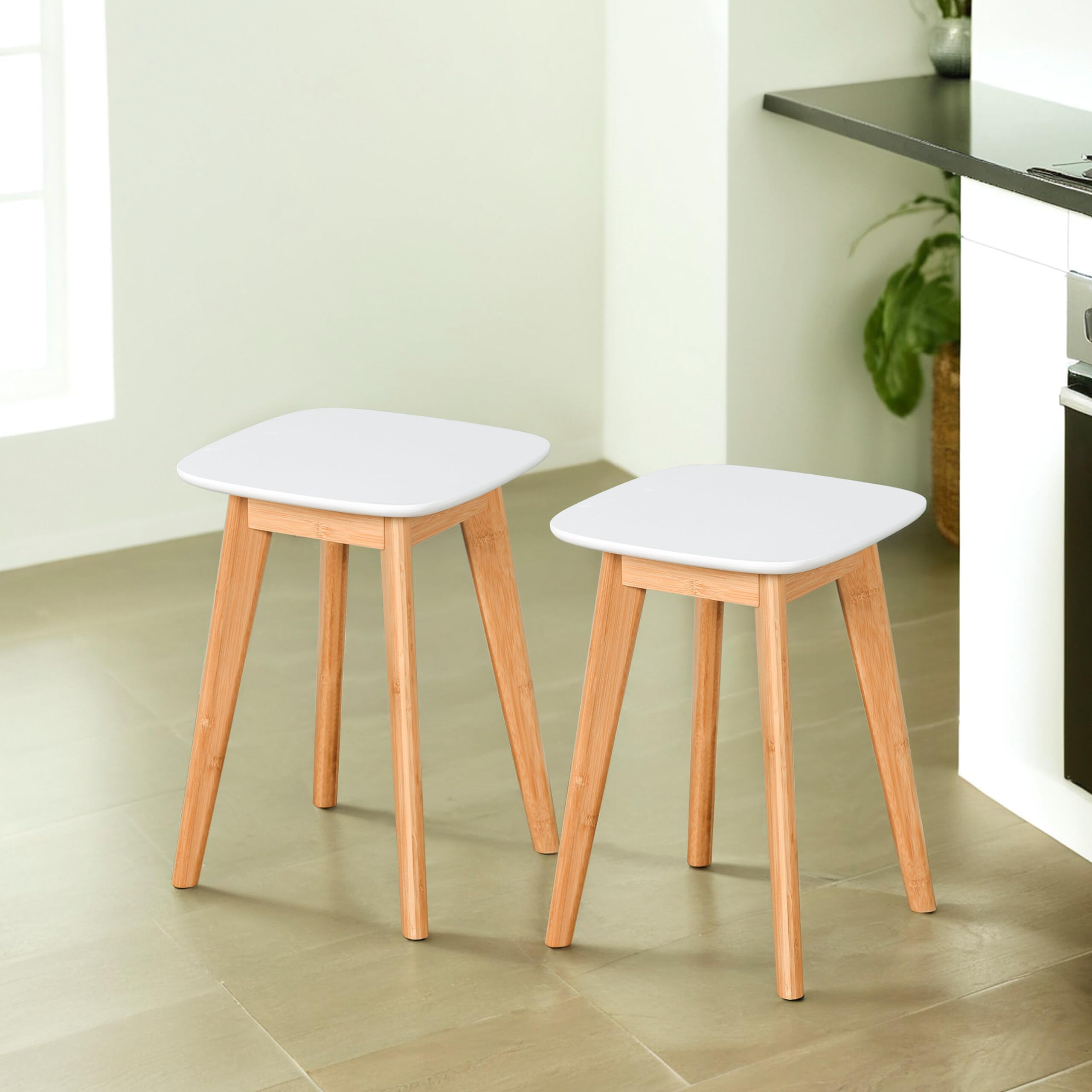 Relaxdays Tabourets de Cuisine, Lot de 2, Bambou, MDF, Salle de Bain, H x L x P : 45,5 x 33 x 33 cm, Naturel/Blanc