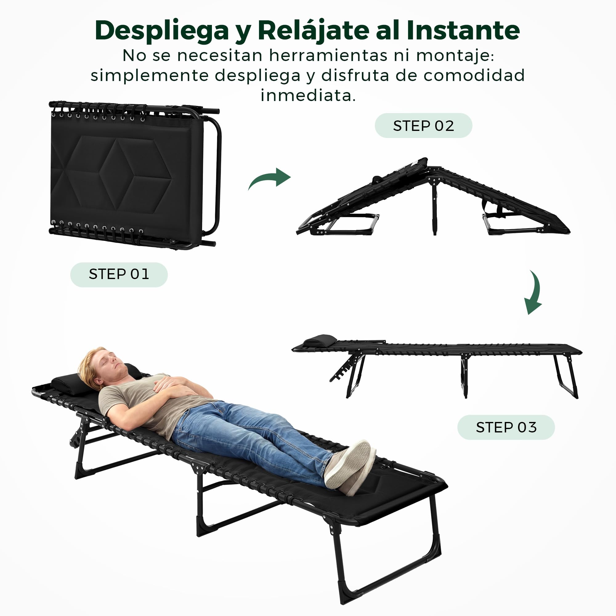 Palawano Tumbona Plegable con Respaldo Ajustable 5 Posiciones, Cama de Camping con Cojín, Tumbona Exterior Portátil para Jardín, Playa, Piscina, Balcón e Interior (Negro)