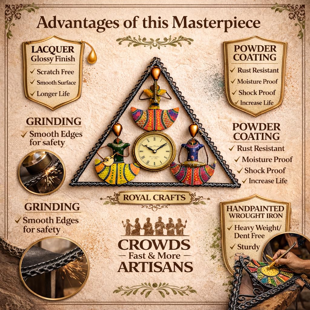 ROYAL CRAFTS Handcrafted Tribal Musician Wall Clock Metal Triangle Frame Decorative Wall Hanging with Traditional Art Design for Living Room Home Décor Multicolor 3