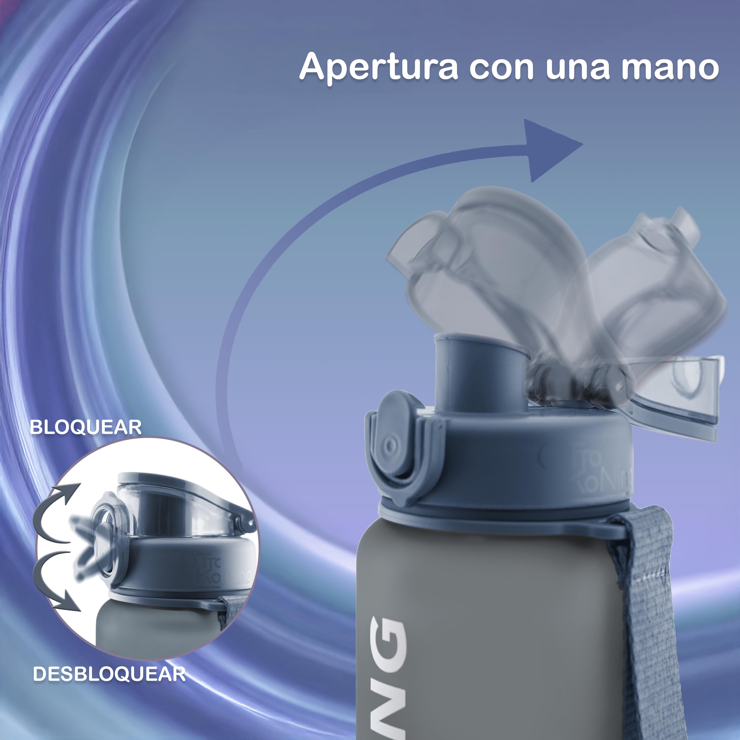 Otto Koning Botella Agua 1L Deportiva Sin BPA Hermética Boca Ancha Correa Resistente Reutilizable