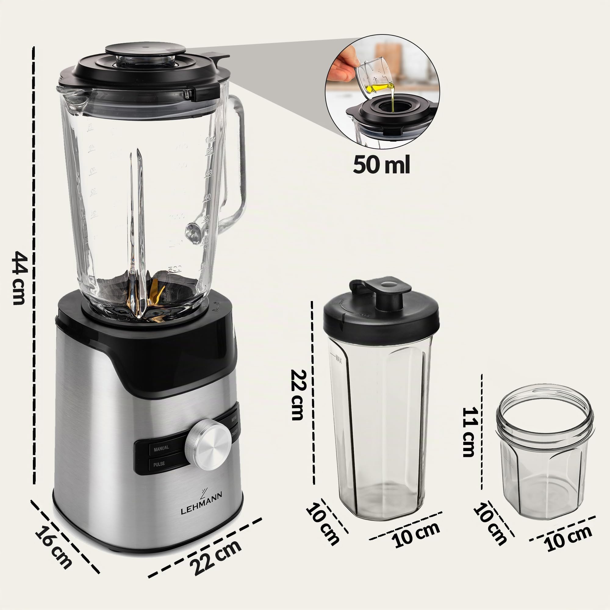 LEHMANN Frullatore Elettrico in Vetro 1,7 L, 10 Velocità, Pulse e 3 Programmi: Smoothie, Tritaghiaccio, Milkshake, Parti Lavabili in Lavastoviglie, Bottiglia Portatile e Macinino, 1400 W, Argento