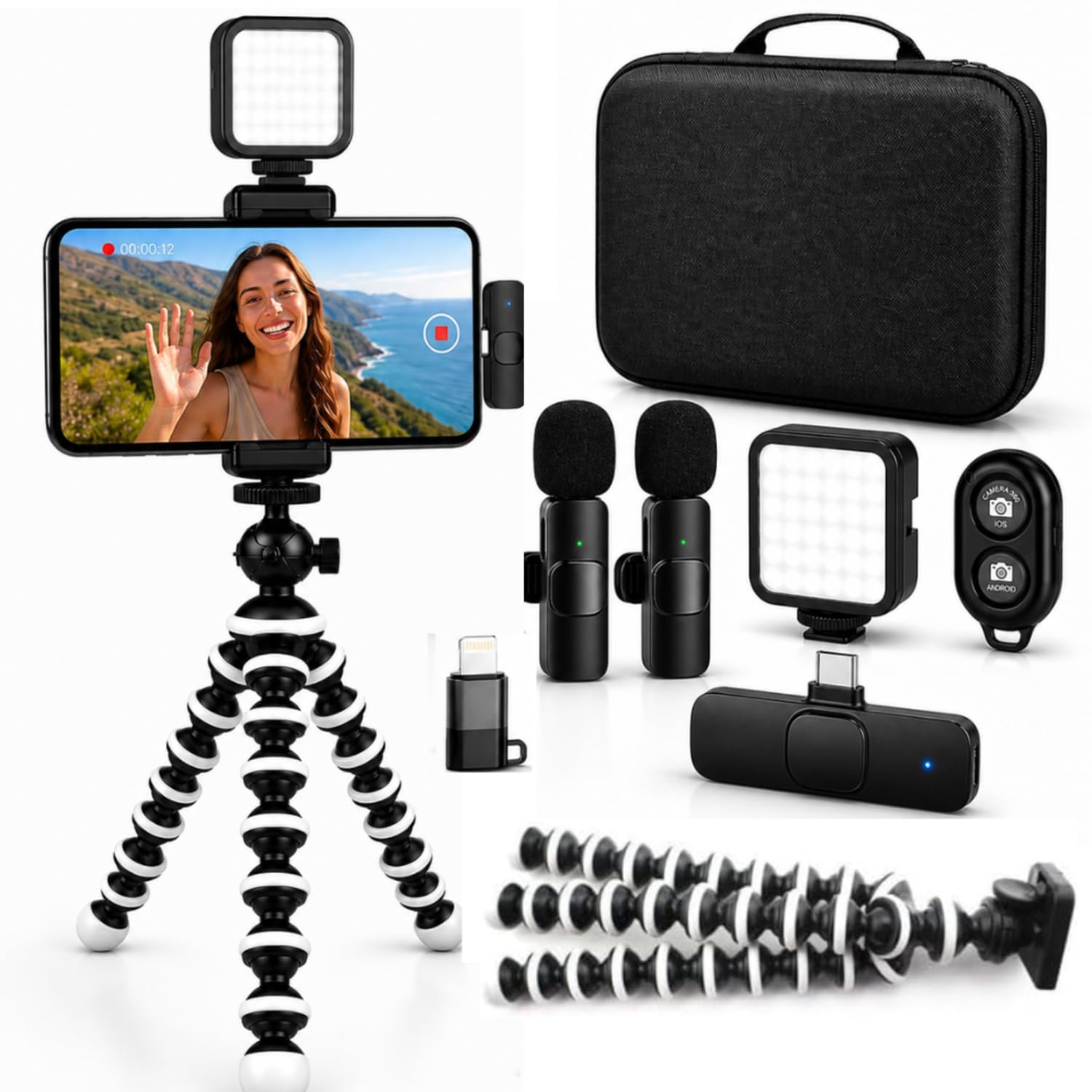 Acuvar Treppiede flessibile Vlogging Kit per iPhone, Android e GOPRO con luce LED, supporto per telefono, microfono, telecomando Bluetooth, custodia rigida per live streaming, videochiamate, Vlogging,