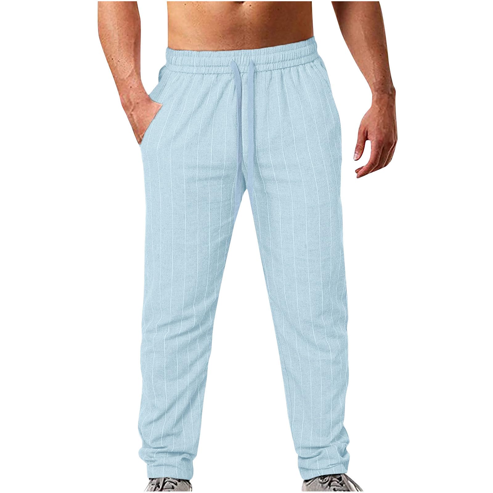 Men's Athletic Running Pants Lightweight Workout Joggers Cotton Linen Gym Sweatpants Active Sports Track Training Sky Blue