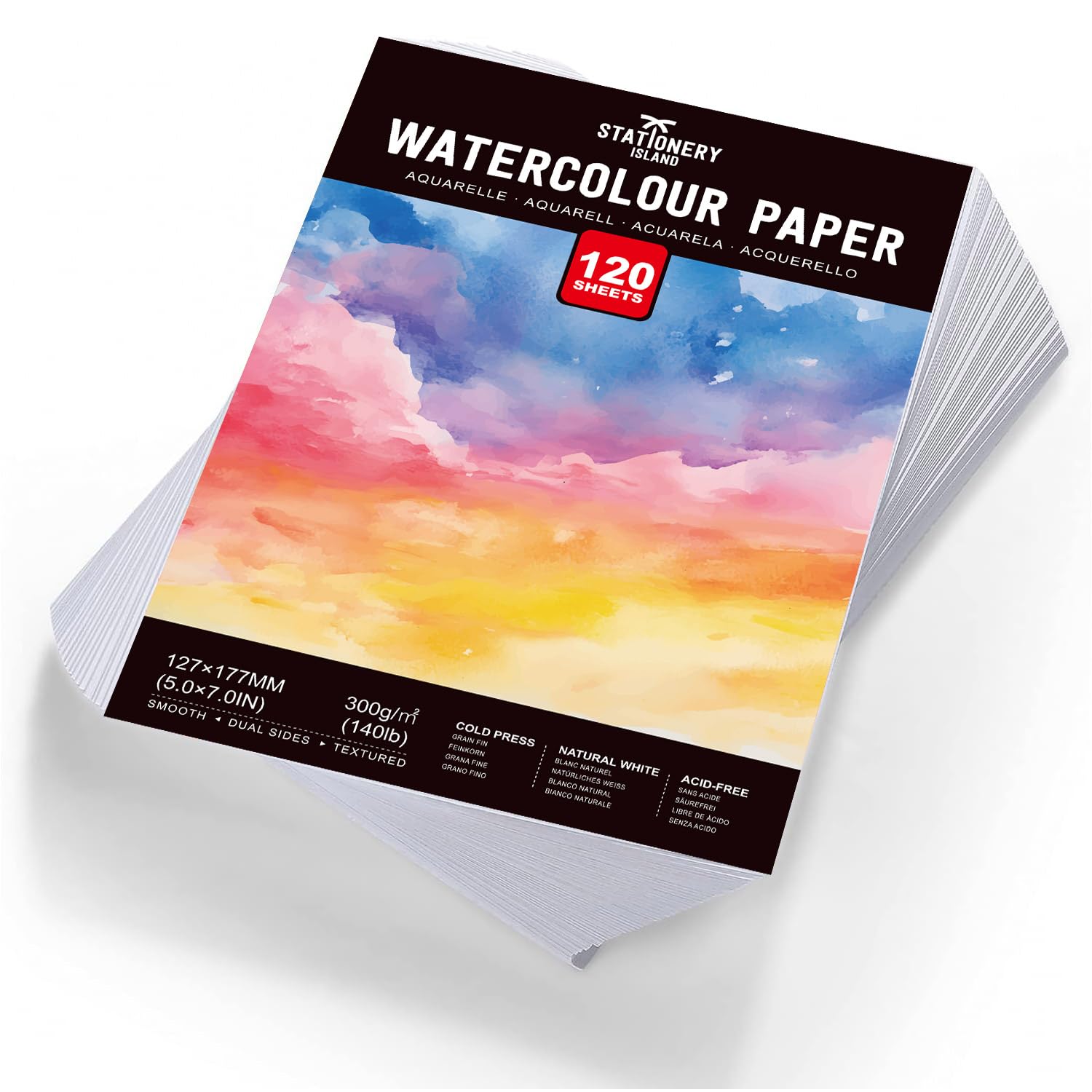 STATIONERY ISLAND 120 Sheets Watercolour Paper Bulk, 5" x 7" Natural White 300gsm Cold-Pressed Water Colour Paper, Loose Sheets Watercolour Sketchbook for Painting, Drawing, and Mixed Media