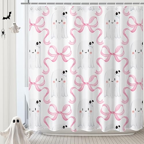 Cortina de ducha de Halloween para baño, bonita cortina de ducha con lazo rosa, calavera y fantasma, para niños, decoración de baño de Halloween,