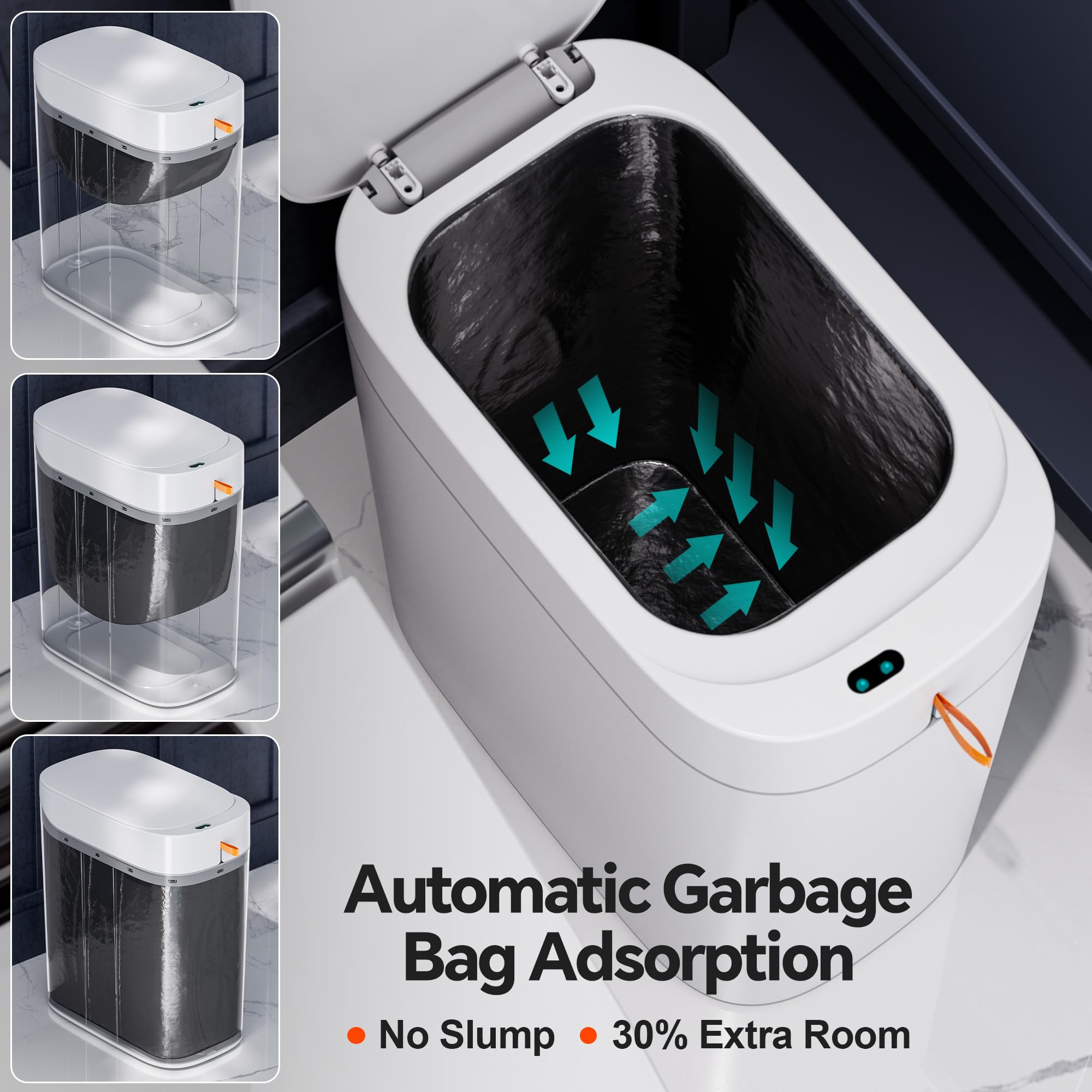 CTIME Cubo de basura de baño con tapa, cubo de basura delgado de 3.5 galones con sensor sin contacto, bote de basura inteligente de succión automática, adecuado para dormitorios, oficinas, cocinas y