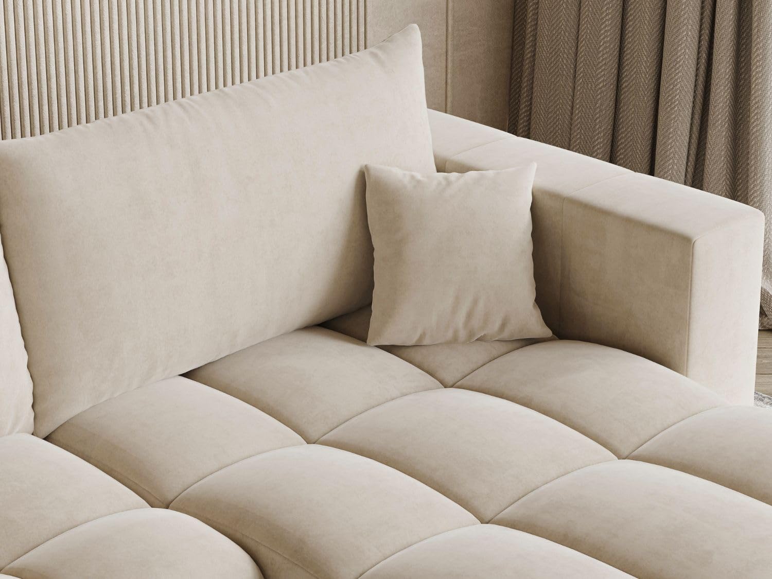 GRAINGOLD Neva L Ecksofa modern mit Bettfunktion, 280x170 cm, L-Form Sofa, Schlafcouch für Wohnzimmer, Velvet-Stoff, 3-Sitzer Eckcouch, Ecksofa mit Bettkasten (Beige)