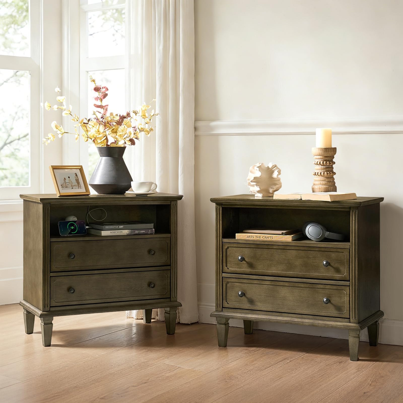 HULALA HOME Farmhouse End Table with Charging Station Set of 2, End Table with USB Ports & Outlets, Fluted Pilasters Design Side Table with Open Space