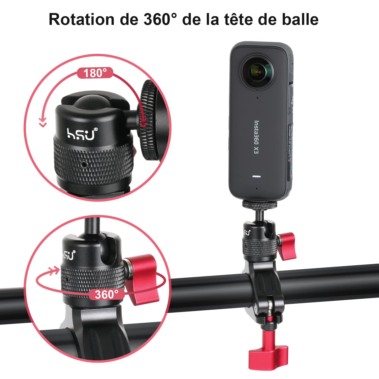 Support Guidon Vélo HSU Pour GoPro - Rotation 360°, Compatible Hero 12 à 3, Aluminium Noir