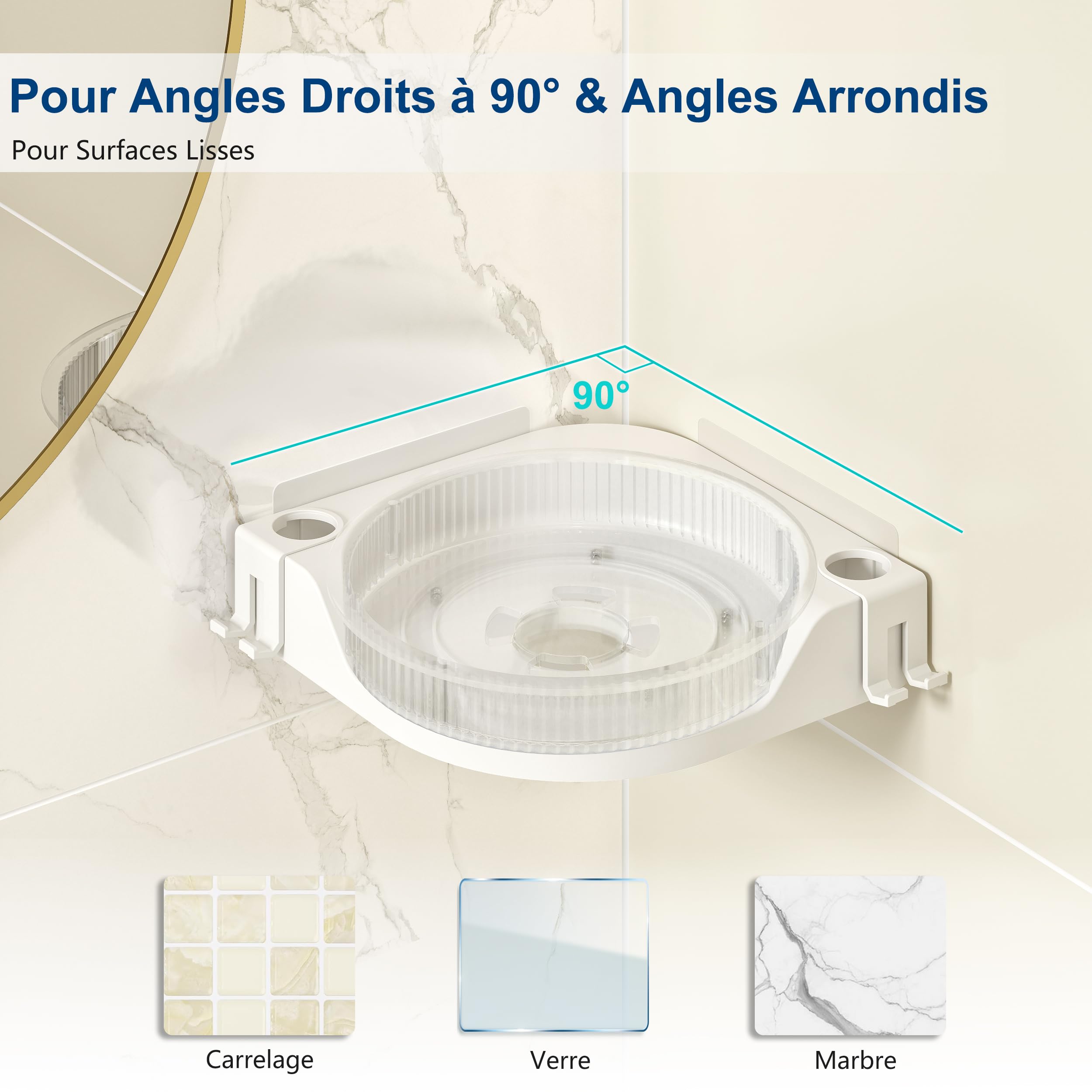 Qeke Étagère d'Angle Pivotante, Panier Douche Adhésif, Lot de 2, Blanc